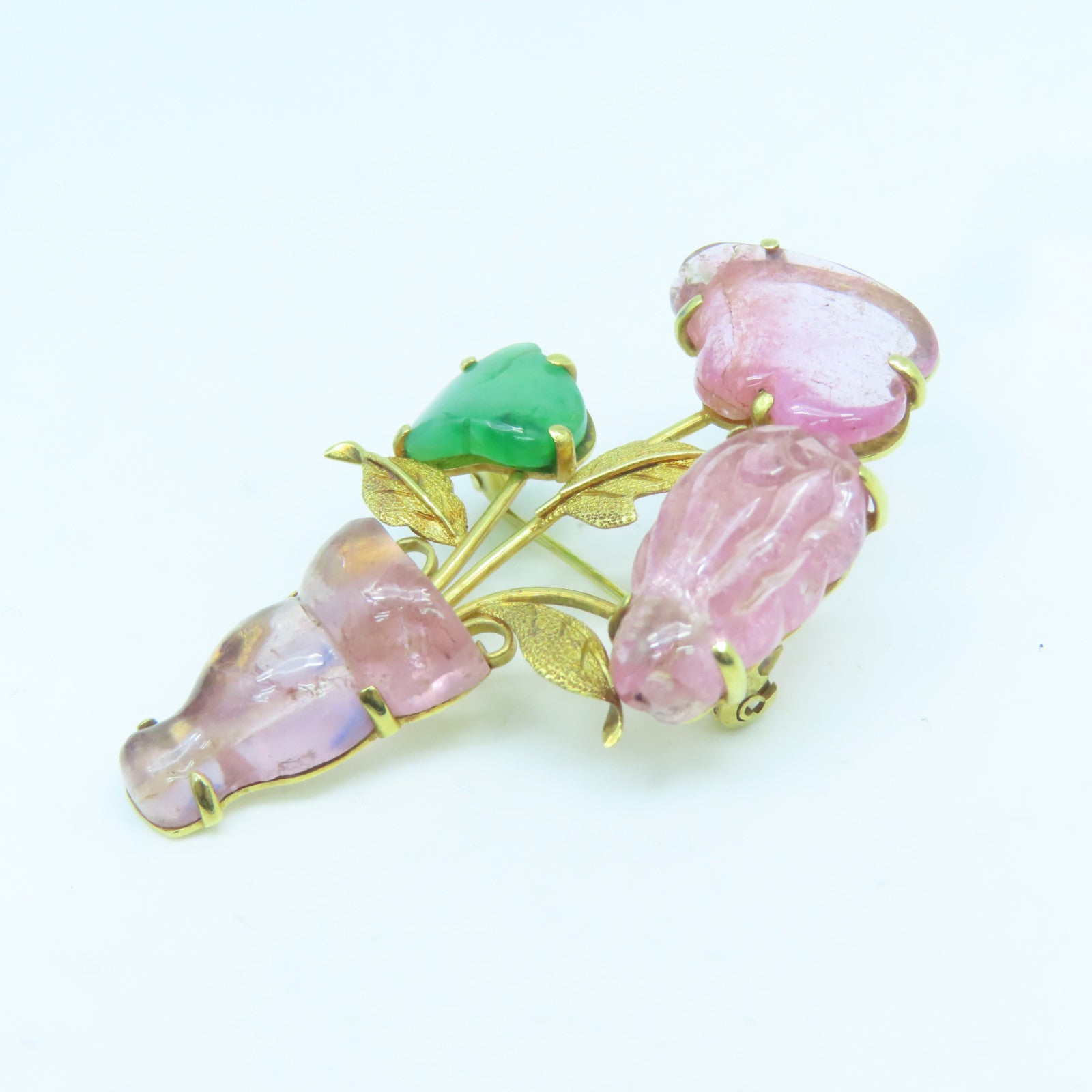 JEWELRY 18K Yellow Gold Tourmaline Jade Brooch Tourmaline Emerald Brooch Pink/Green/Gold