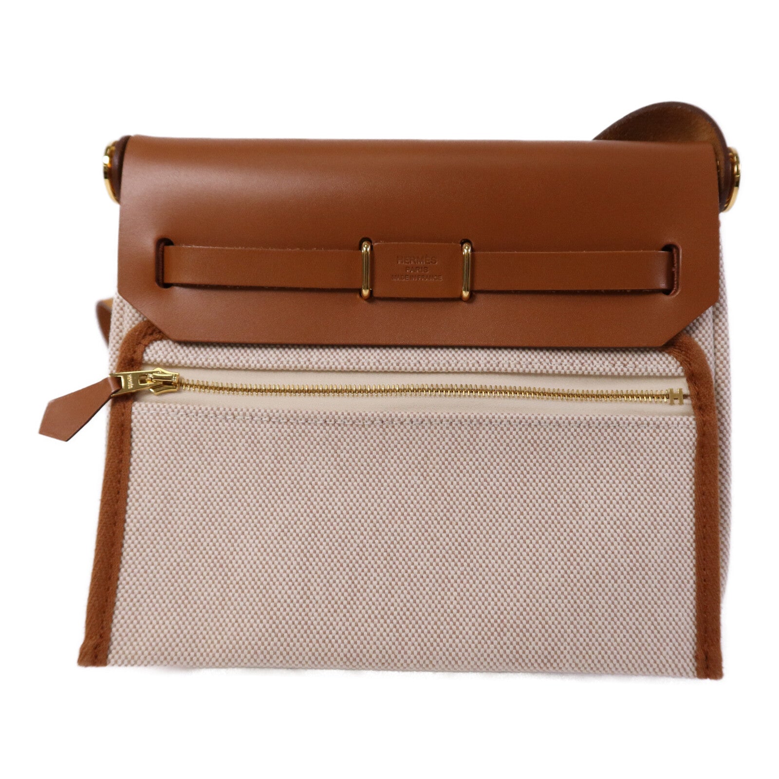 HERMES 帆布Mini Herbag金扣肩背袋Fauve