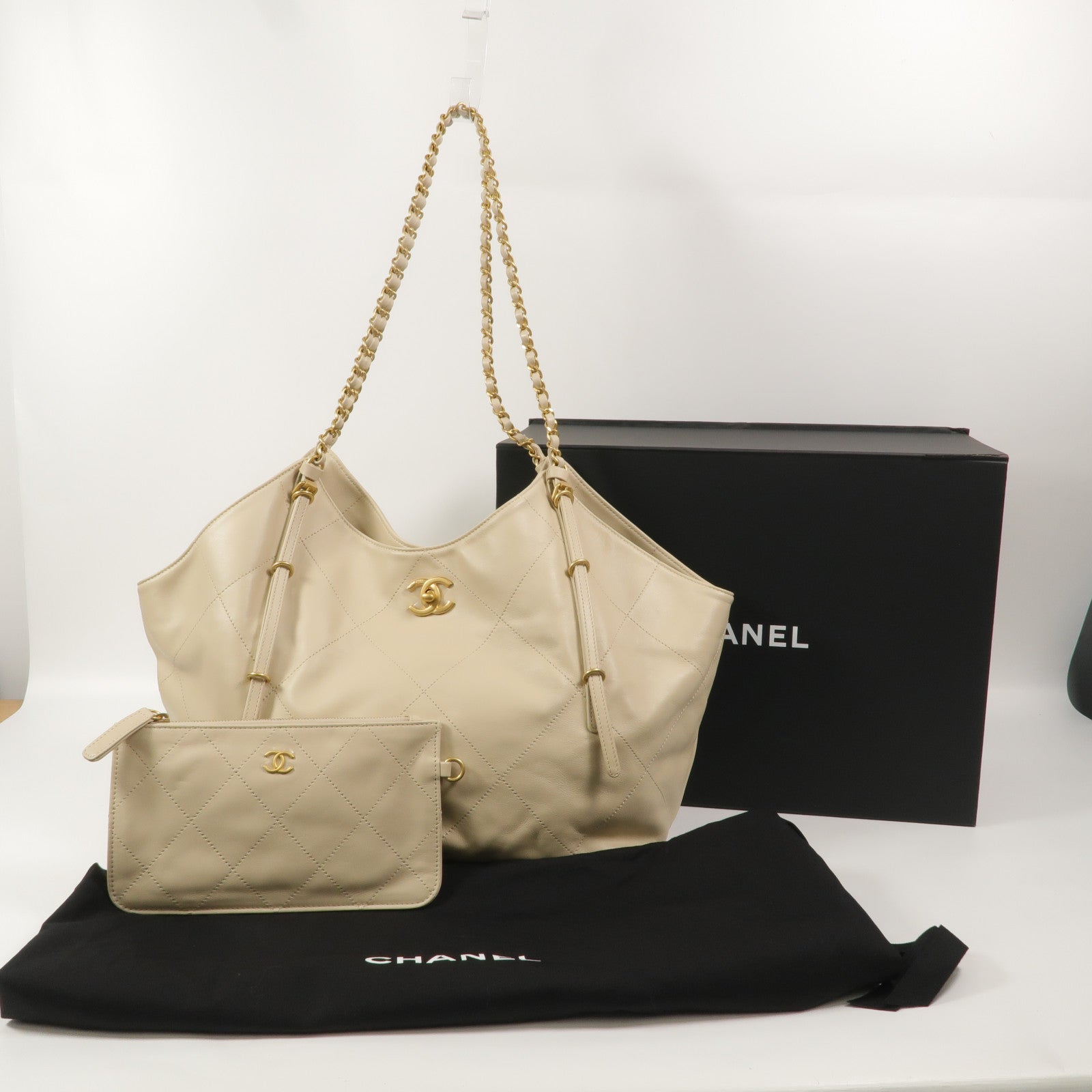 CHANEL 牛皮皮革Shopping Tote鏈帶肩背袋
