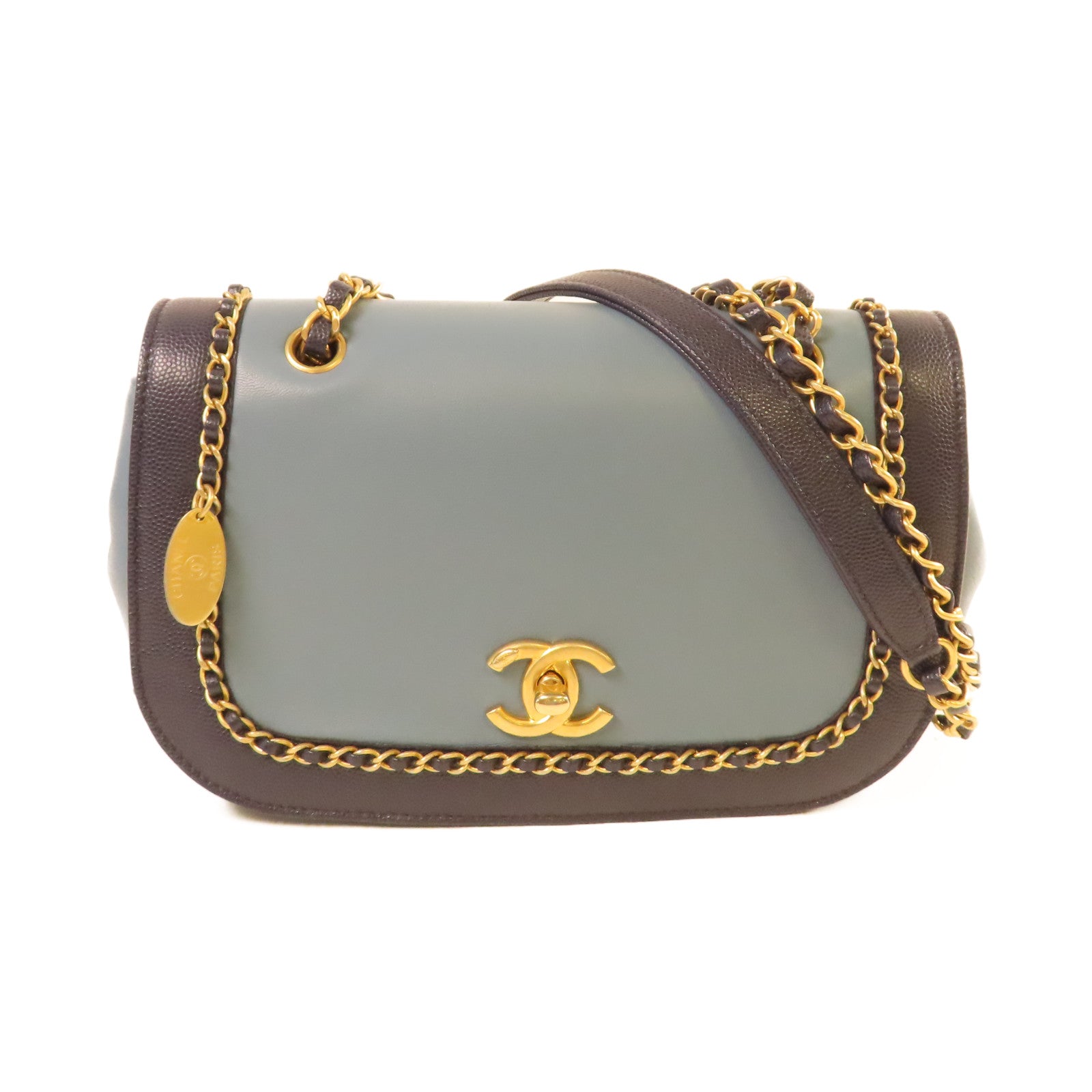 CHANEL 【激減優惠】牛皮皮革/Caviar皮革Chain Shoulder Bag金扣鏈帶肩背袋深藍色/淺藍色