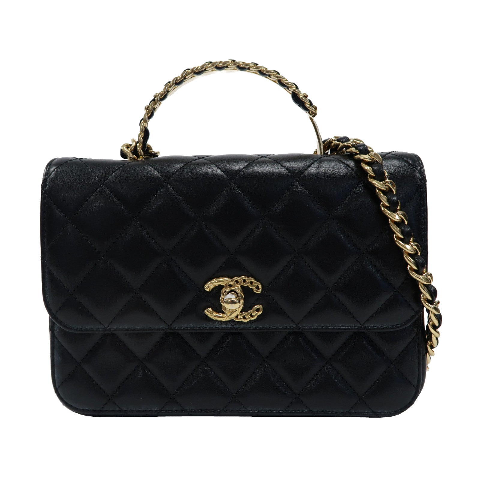 CHANEL 菱格羊皮皮革Chain Shoulder Bag金扣鏈帶手挽肩背兩用袋黑色