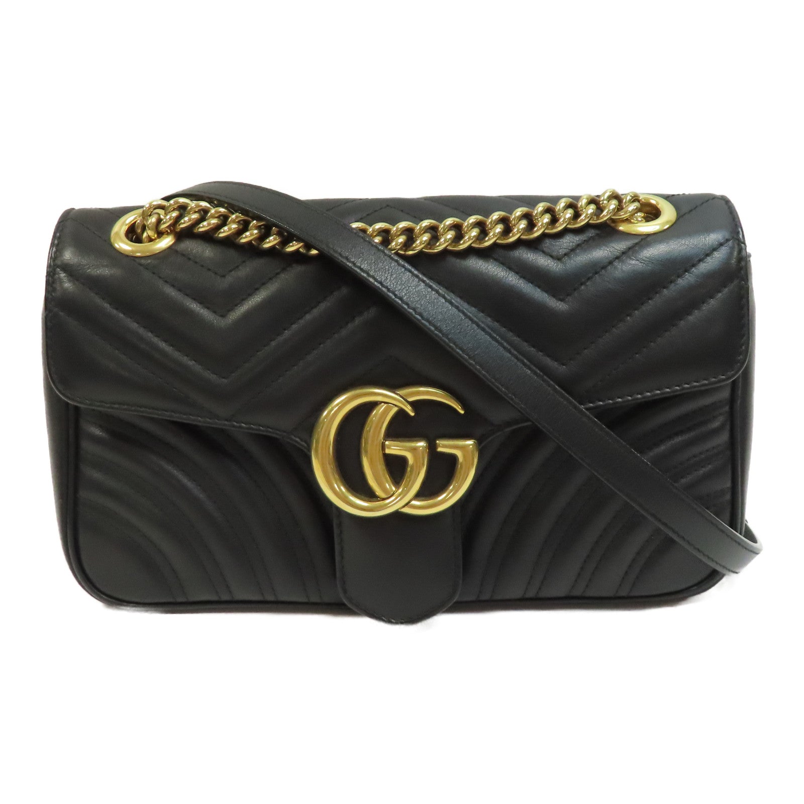 GUCCI 牛皮皮革GG Marmont金扣鏈帶肩背袋黑色