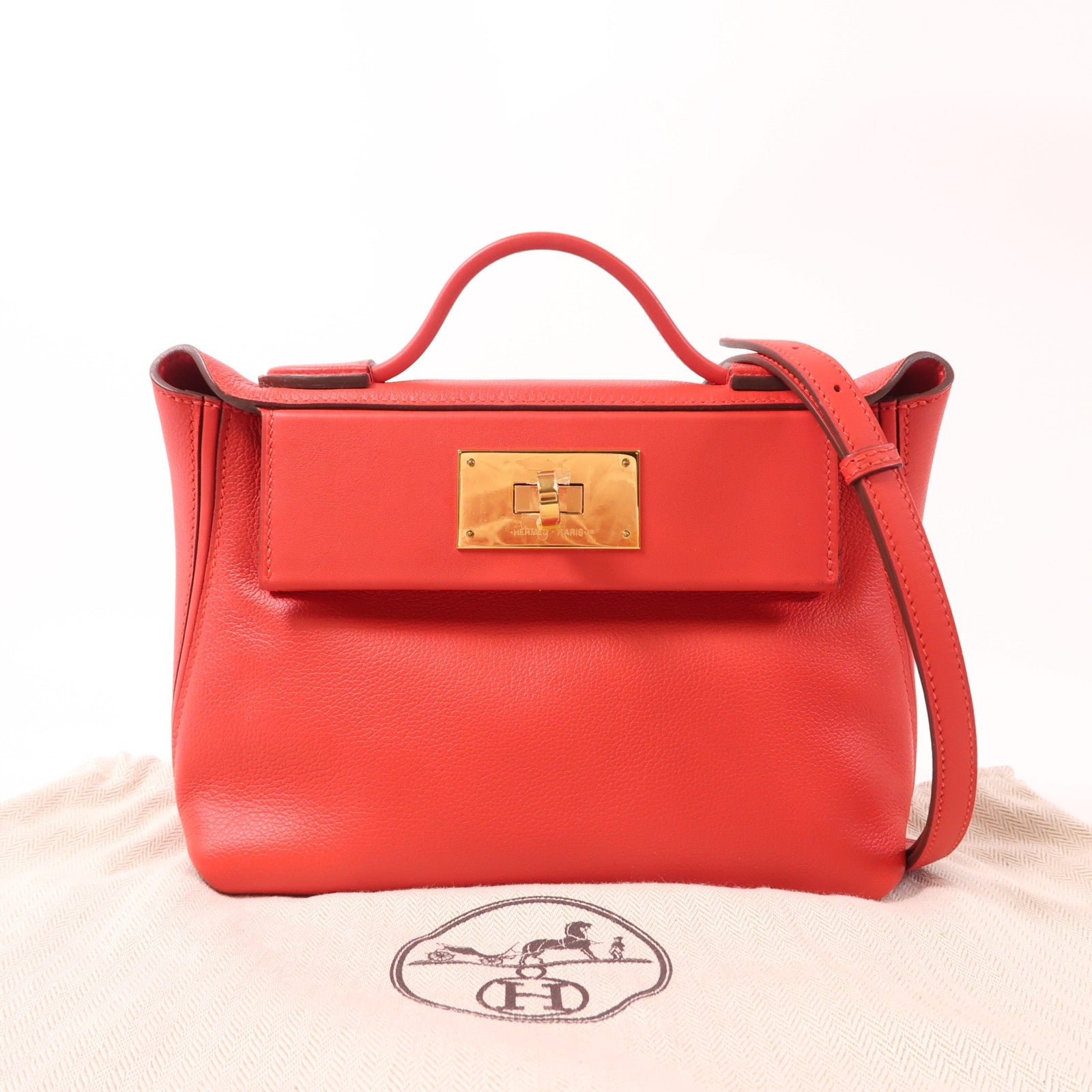 HERMES Evercolor皮革24/24 Mini金扣手挽肩背兩用袋Rouge Tomate