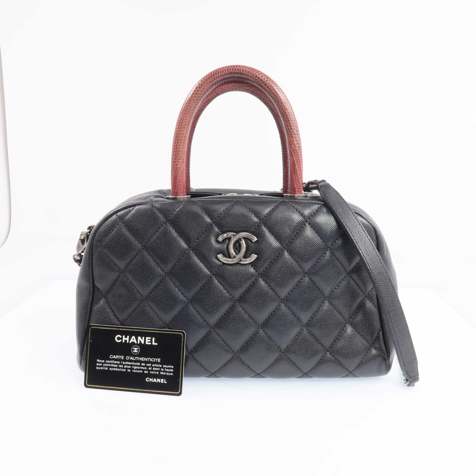 CHANEL 【激減優惠】蜥蝪/牛皮皮革Bowling Bag銀扣手挽肩背兩用袋