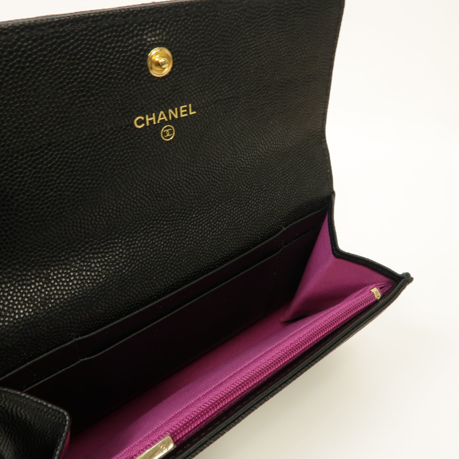 CHANEL Caviar皮革Wallet金扣錢包黒色