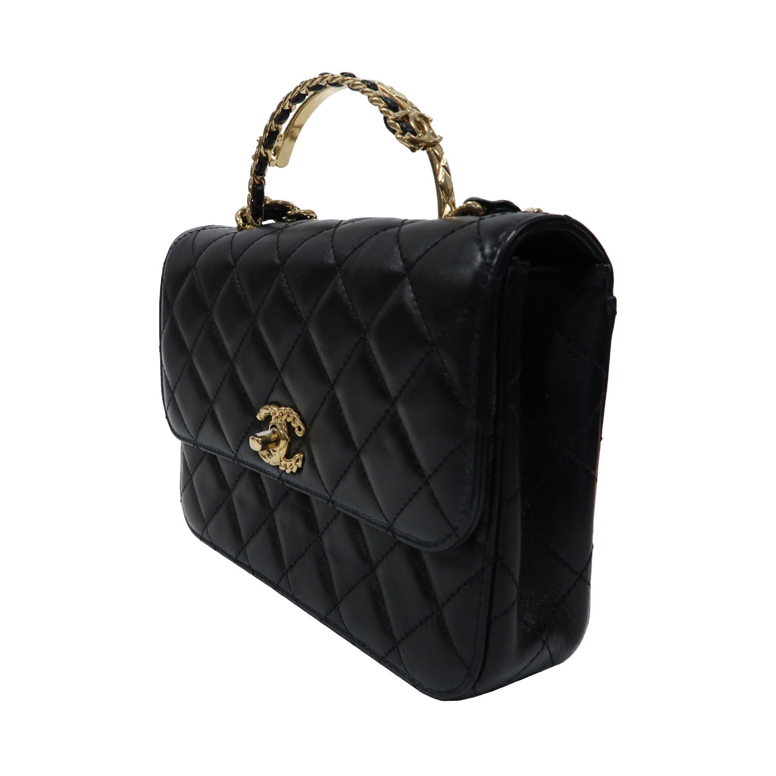 CHANEL 菱格羊皮皮革Chain Shoulder Bag金扣鏈帶手挽肩背兩用袋黑色