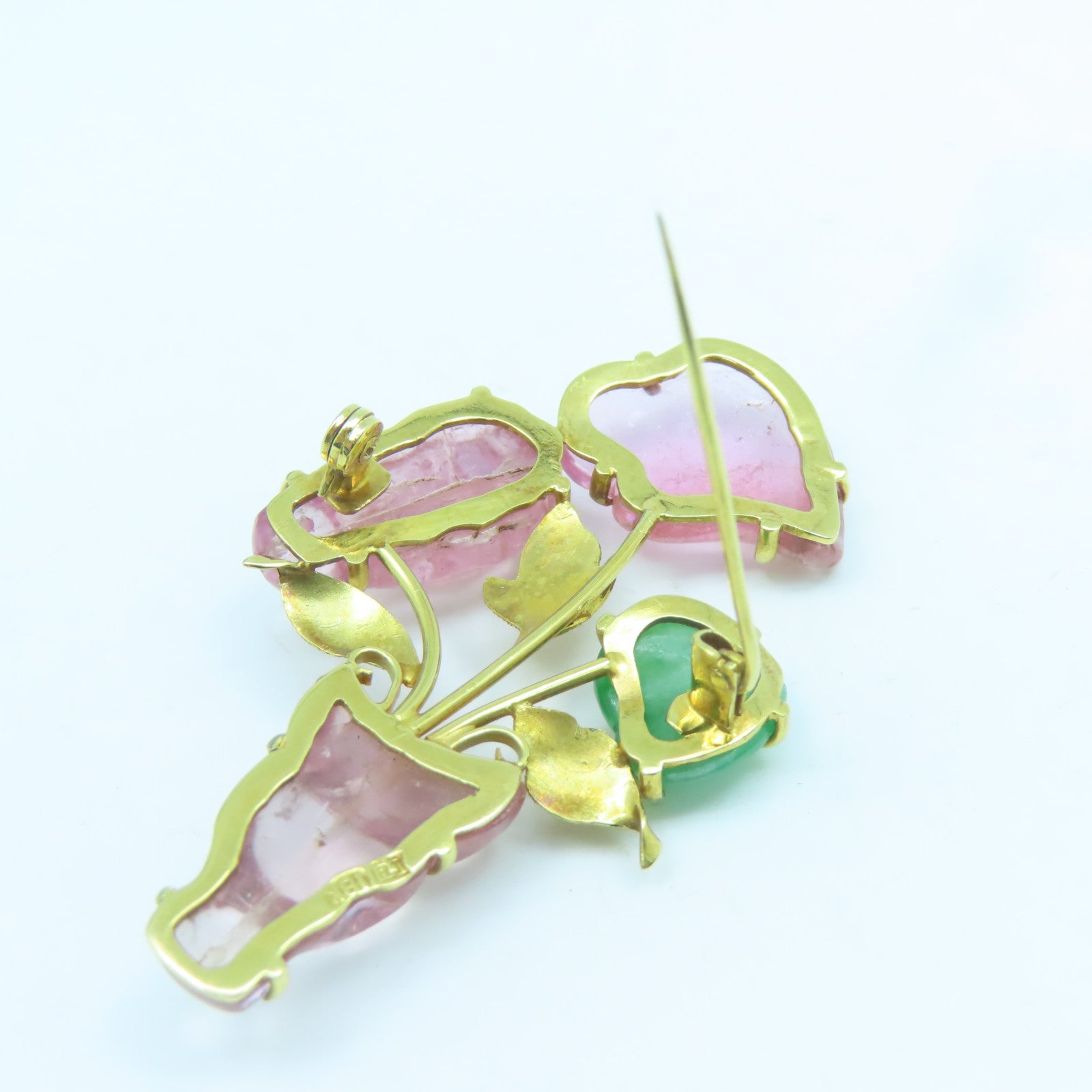 JEWELRY 18K Yellow Gold Tourmaline Jade Brooch Tourmaline Emerald Brooch Pink/Green/Gold