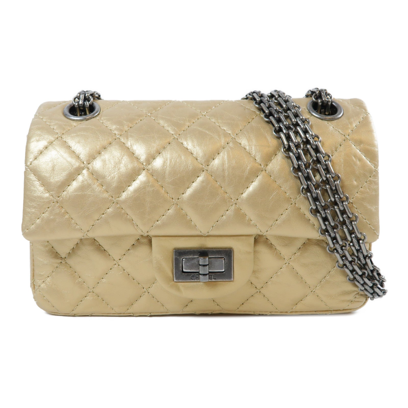 CHANEL **【激減優惠】菱格牛皮皮革2.55 Chain Shoulder Bag銀扣鏈帶肩背袋金色