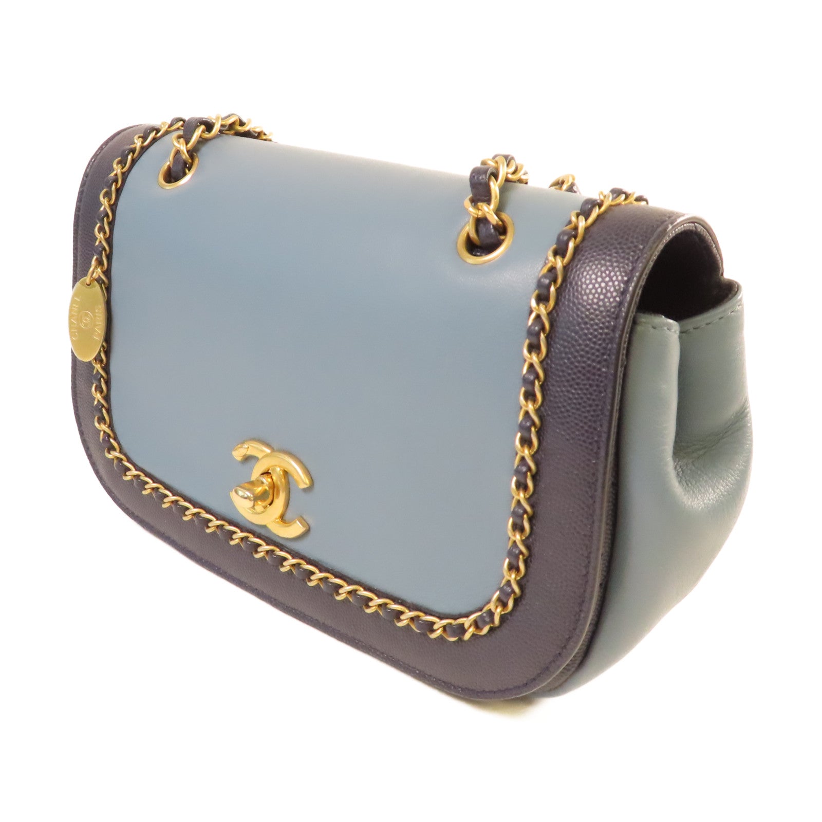 CHANEL 【激減優惠】牛皮皮革/Caviar皮革Chain Shoulder Bag金扣鏈帶肩背袋深藍色/淺藍色