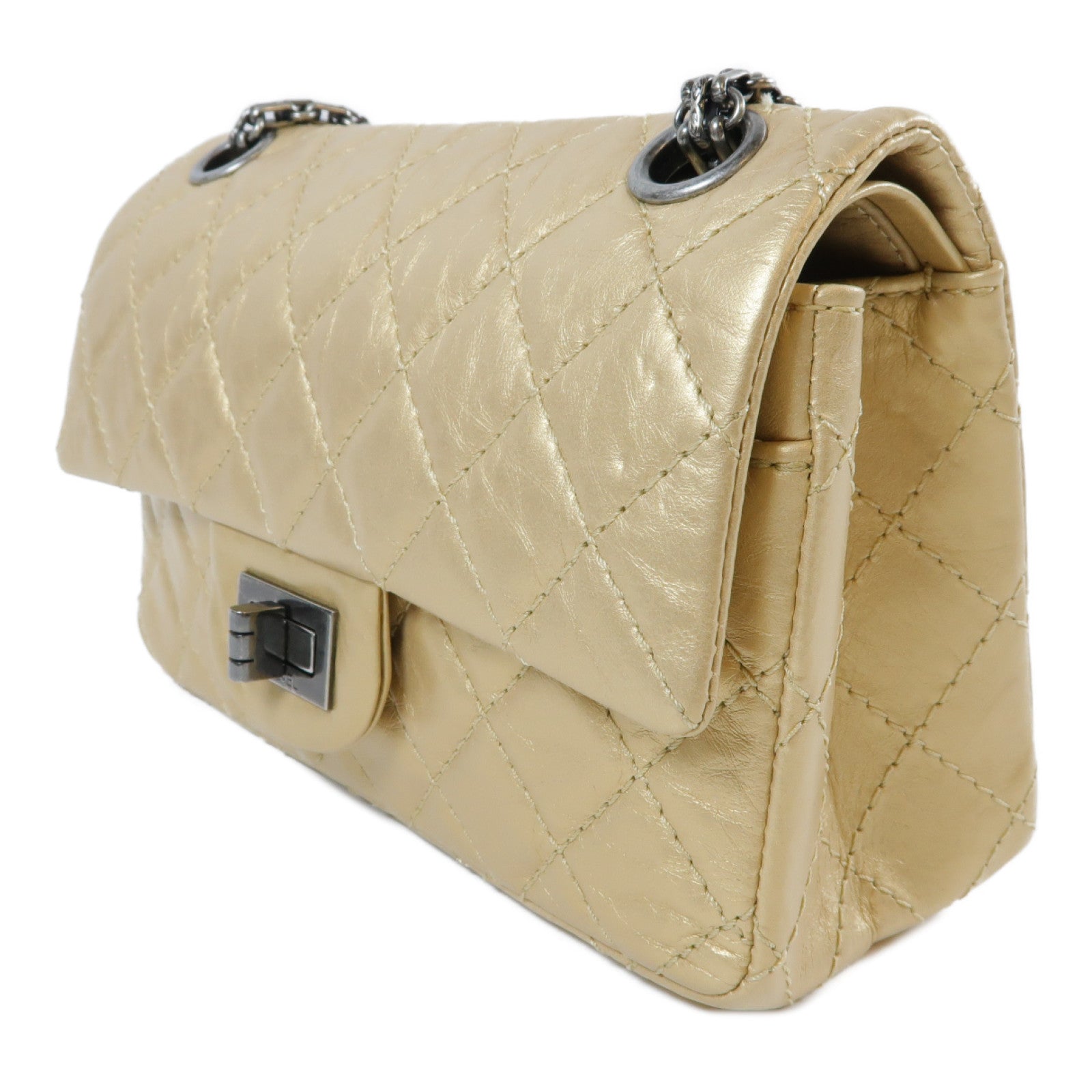 CHANEL **【激減優惠】菱格牛皮皮革2.55 Chain Shoulder Bag銀扣鏈帶肩背袋金色