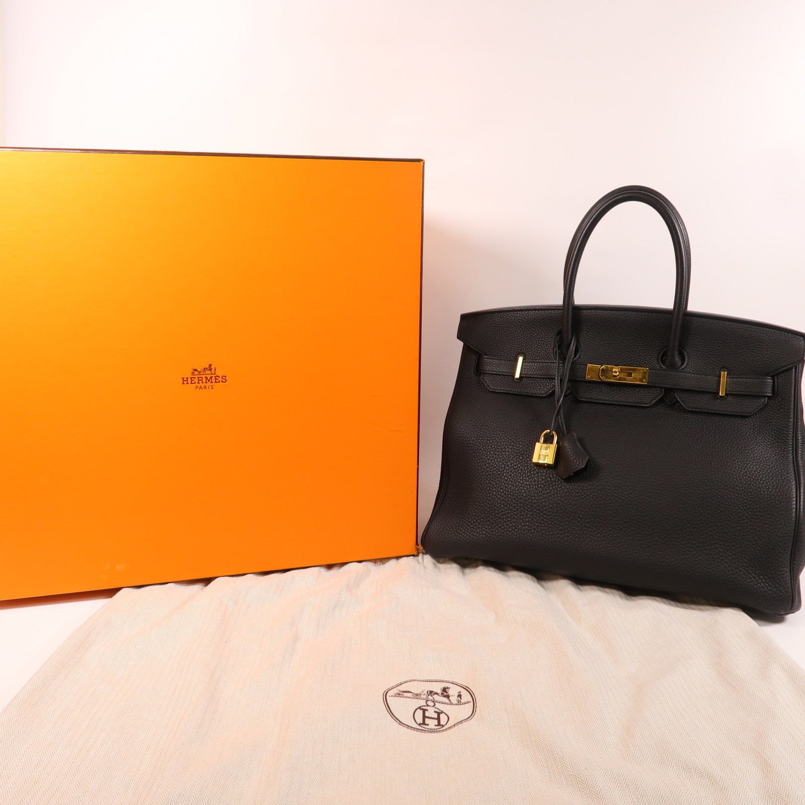 HERMES Clemence皮革Birkin 35金扣手挽袋黑色