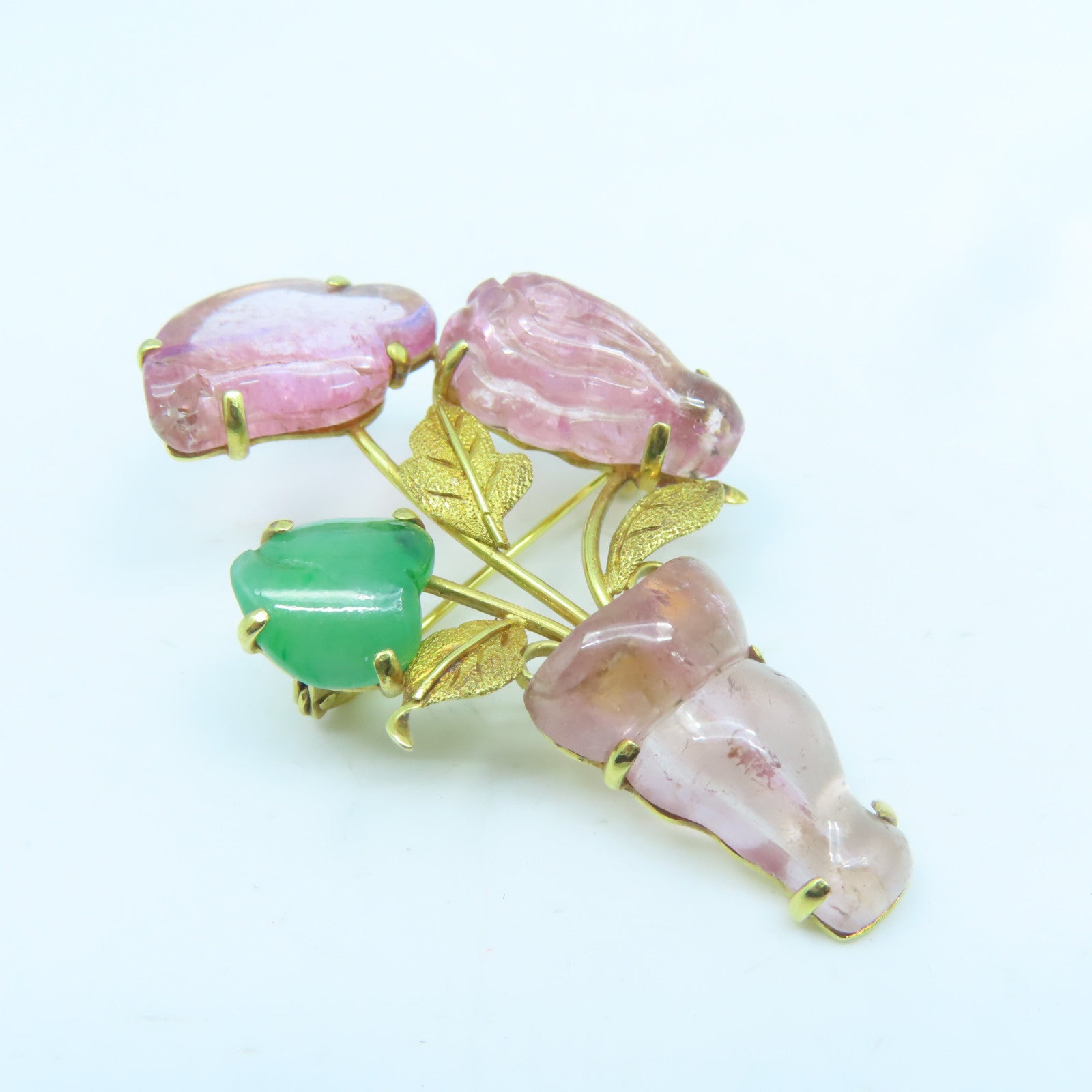 JEWELRY 18K Yellow Gold Tourmaline Jade Brooch Tourmaline Emerald Brooch Pink/Green/Gold