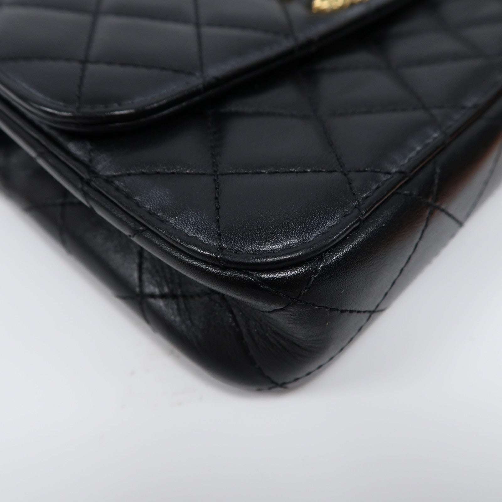 CHANEL 菱格羊皮皮革Chain Shoulder Bag金扣鏈帶手挽肩背兩用袋黑色