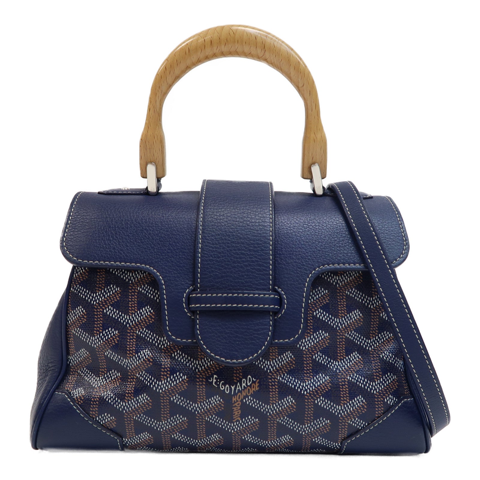 GOYARD 塗層帆布/皮革Saigon銀扣手挽肩背兩用袋深藍色