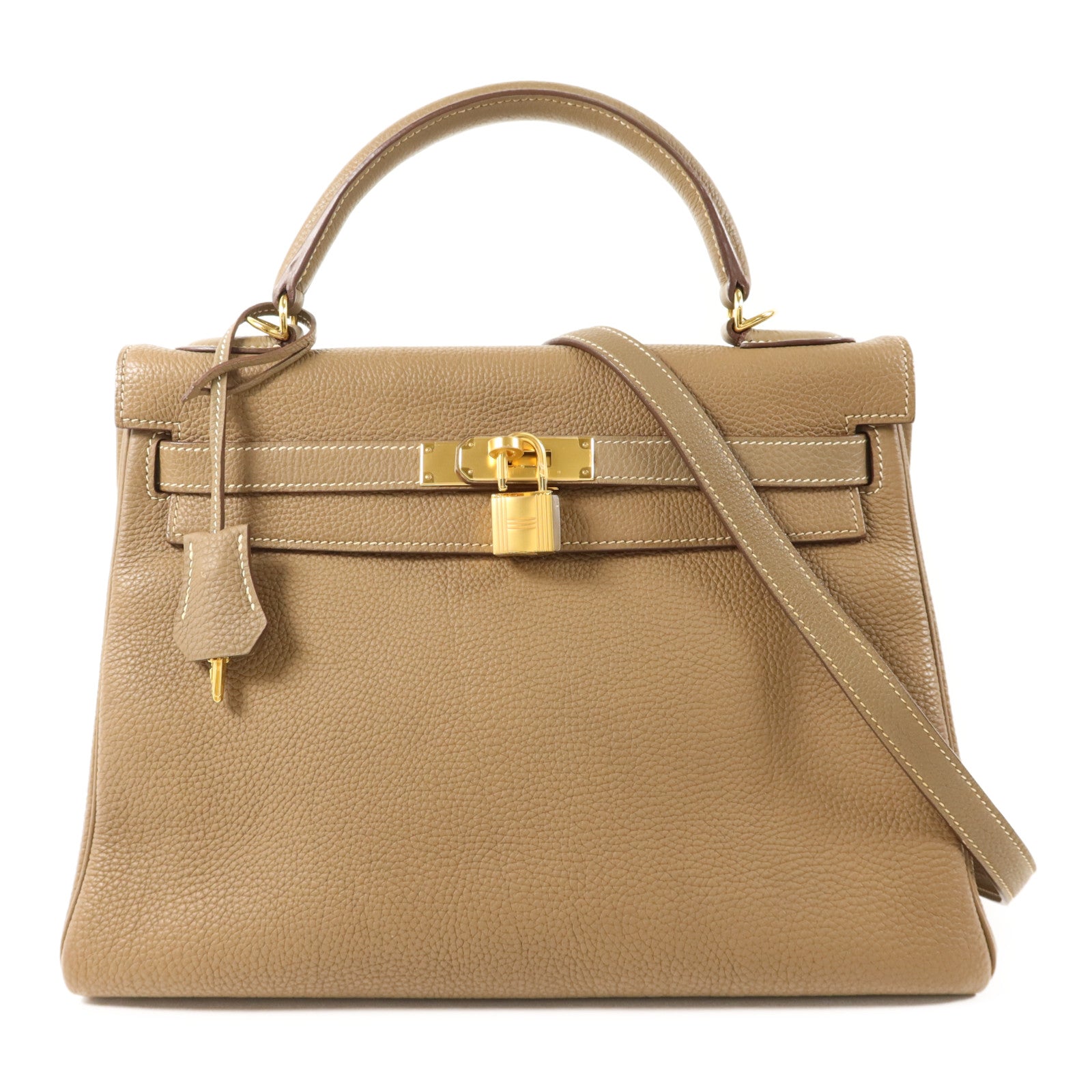 HERMES Togo皮革Kelly 32金扣手挽肩背兩用袋Etoupe