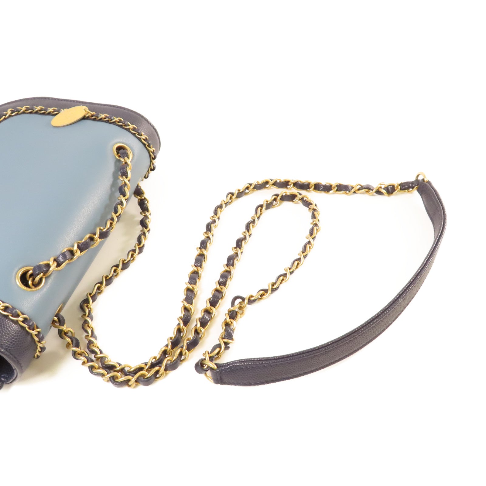 CHANEL 【激減優惠】牛皮皮革/Caviar皮革Chain Shoulder Bag金扣鏈帶肩背袋深藍色/淺藍色