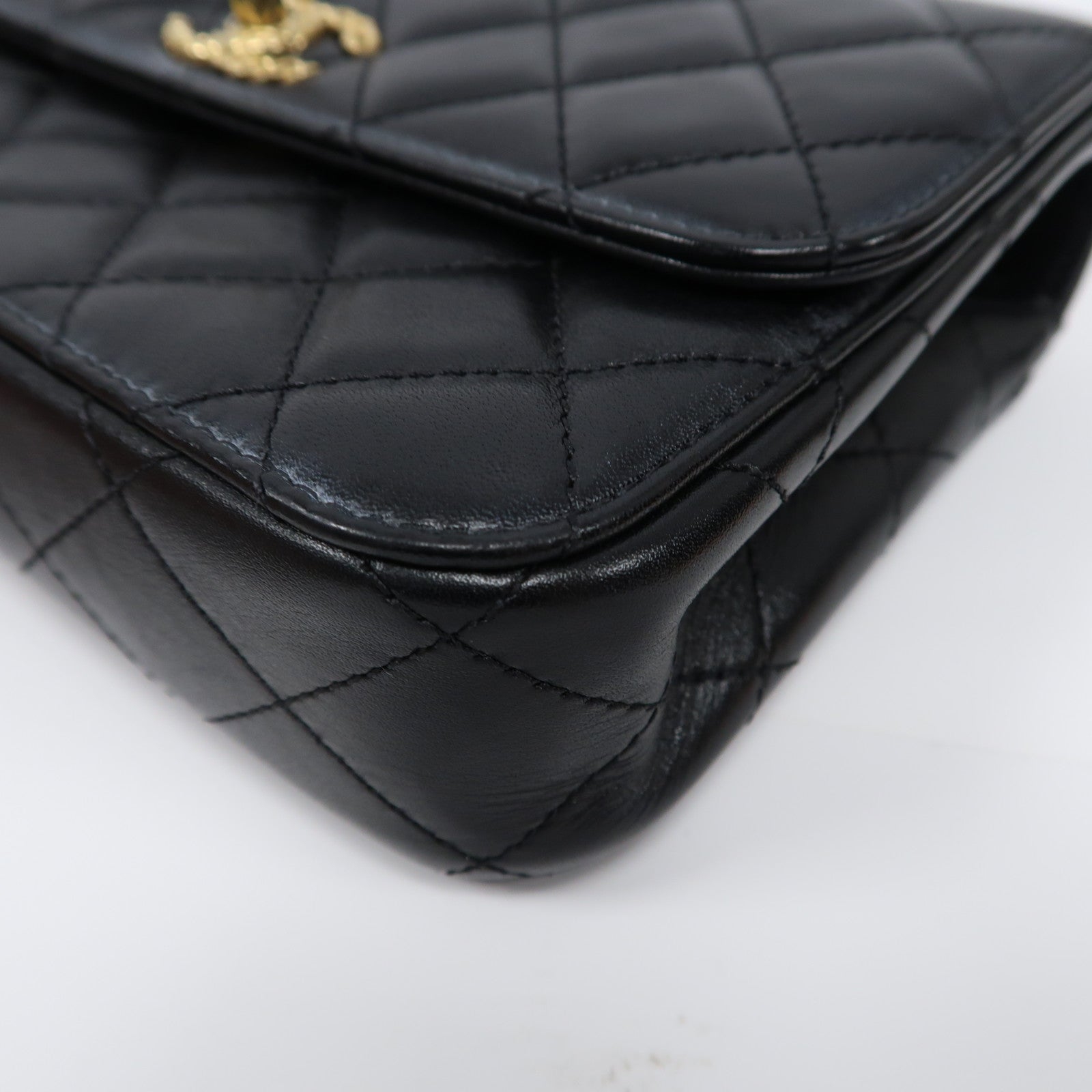 CHANEL 菱格羊皮皮革Chain Shoulder Bag金扣鏈帶手挽肩背兩用袋黑色
