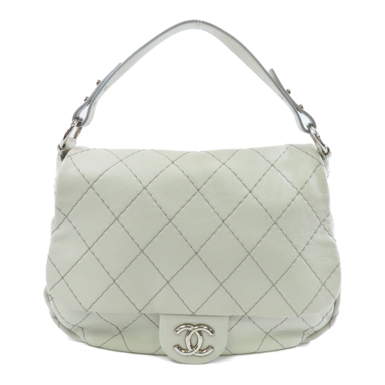 CHANEL 牛皮皮革Shoulder Bag銀扣肩背袋白色