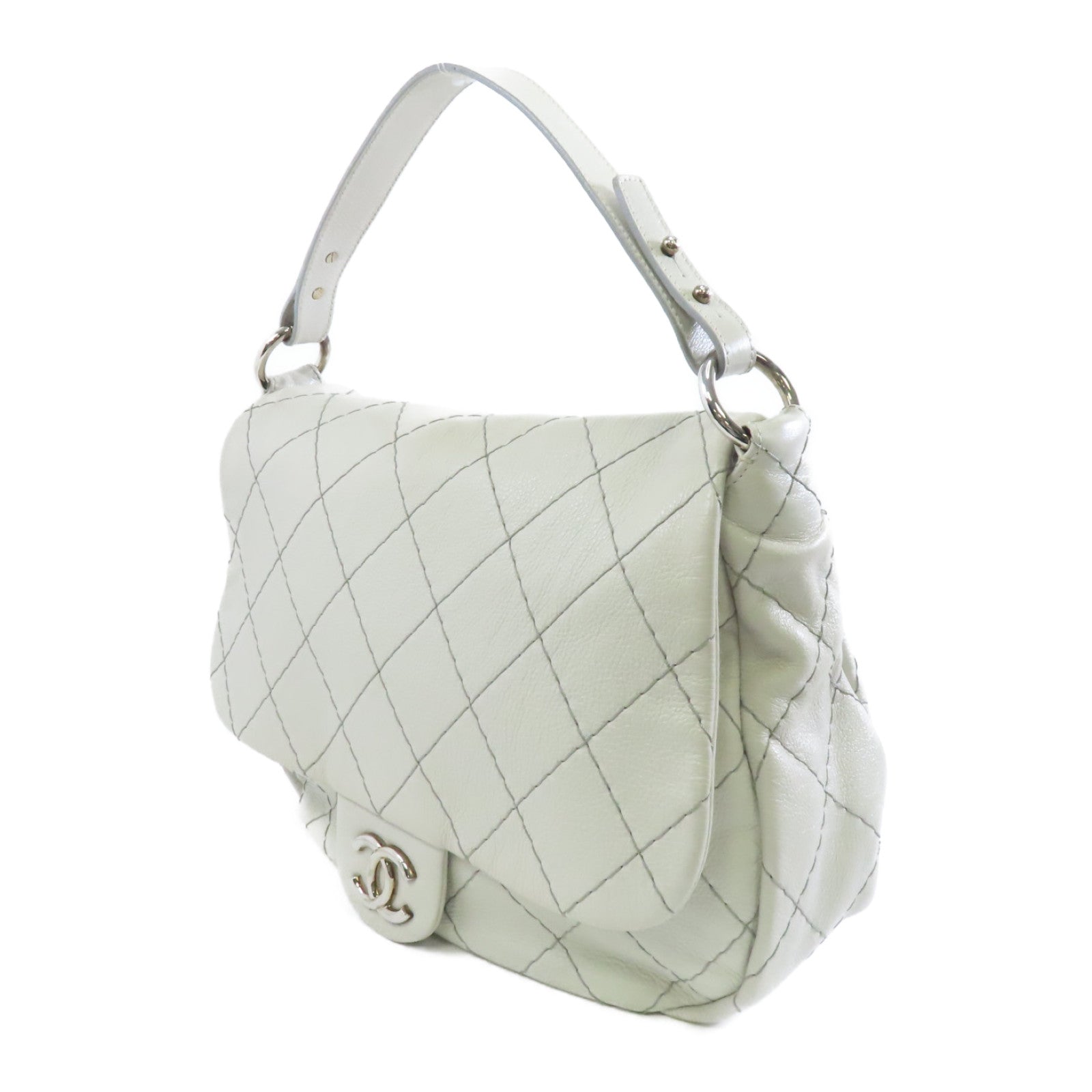 CHANEL 牛皮皮革Shoulder Bag銀扣肩背袋白色