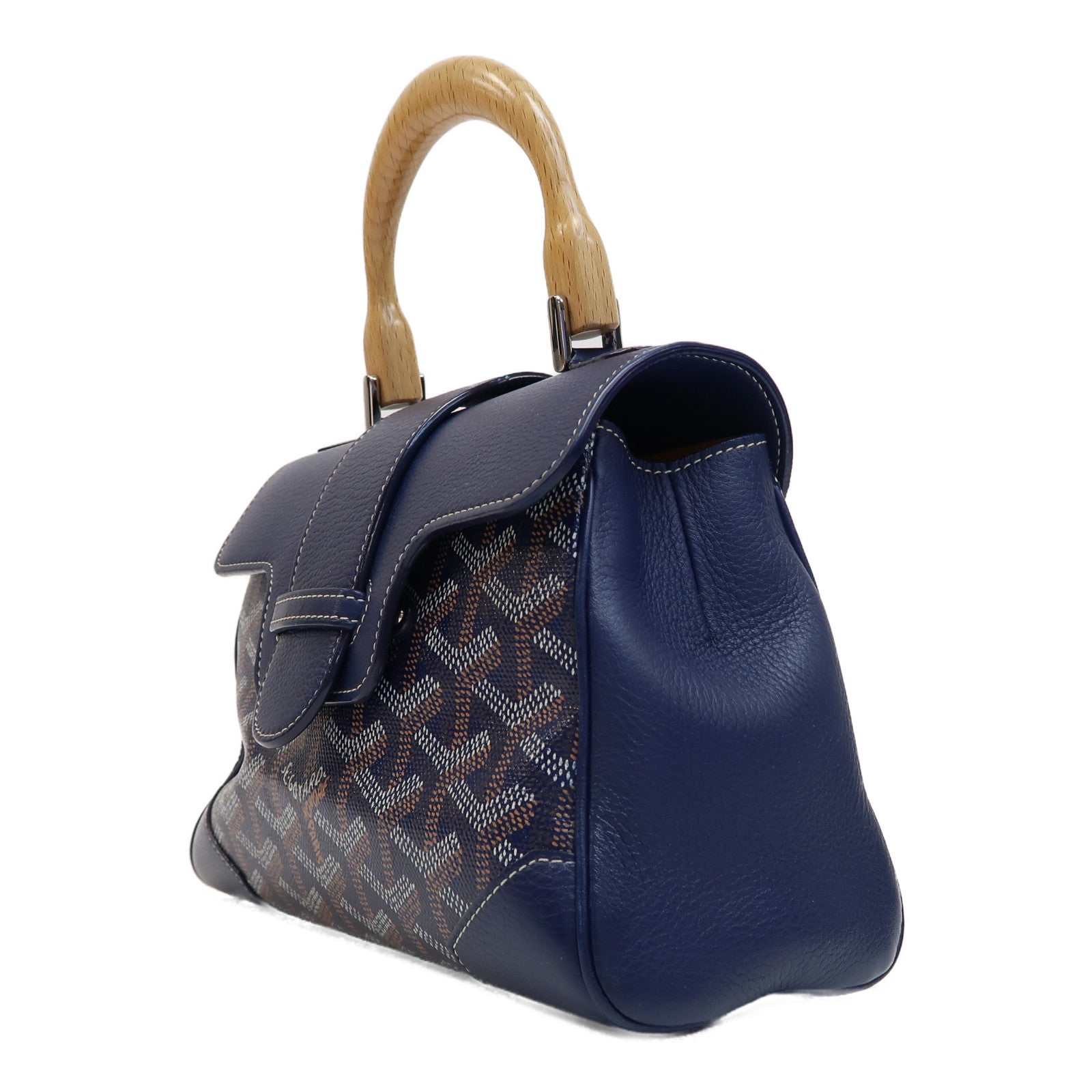 GOYARD 塗層帆布/皮革Saigon銀扣手挽肩背兩用袋深藍色