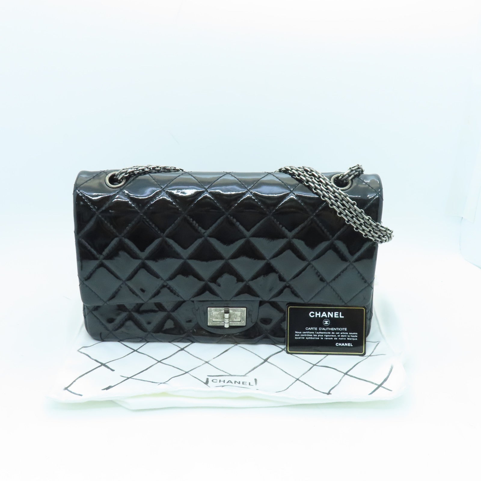 CHANEL Diamond Patent Leather 2.55 Classic Jumbo Silver Buckle Chain Shoulder Bag Black