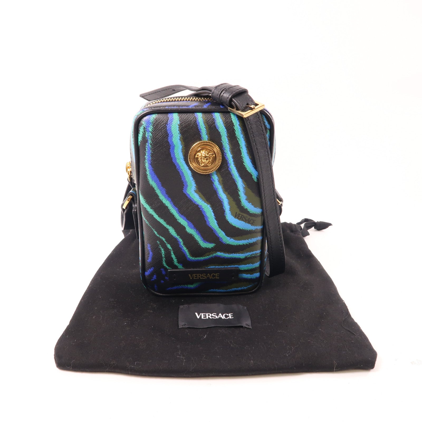 VERSACE 牛皮皮革Phone Case金扣肩背袋黑色/綠色