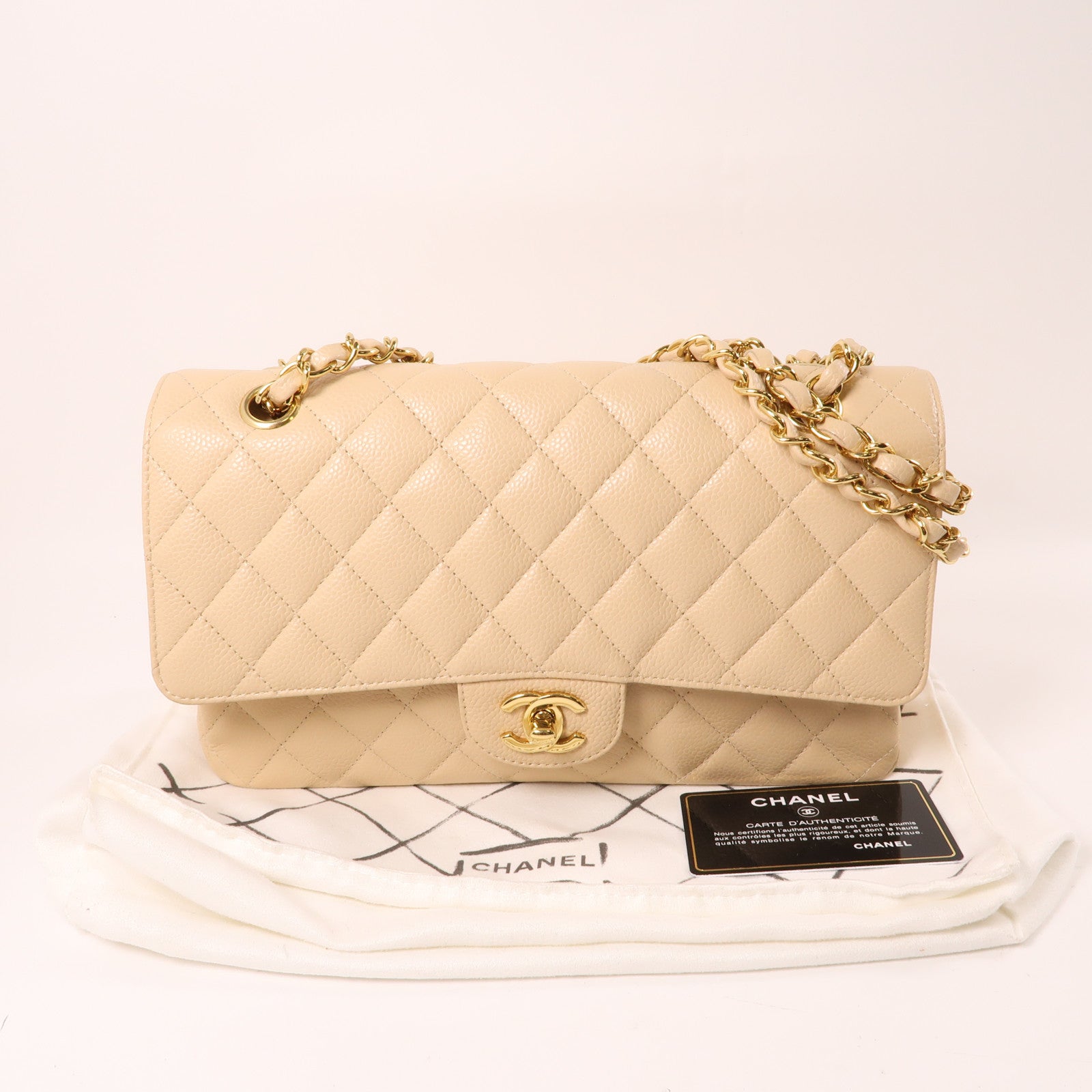 CHANEL 牛皮皮革Classic 25金扣肩背袋米色