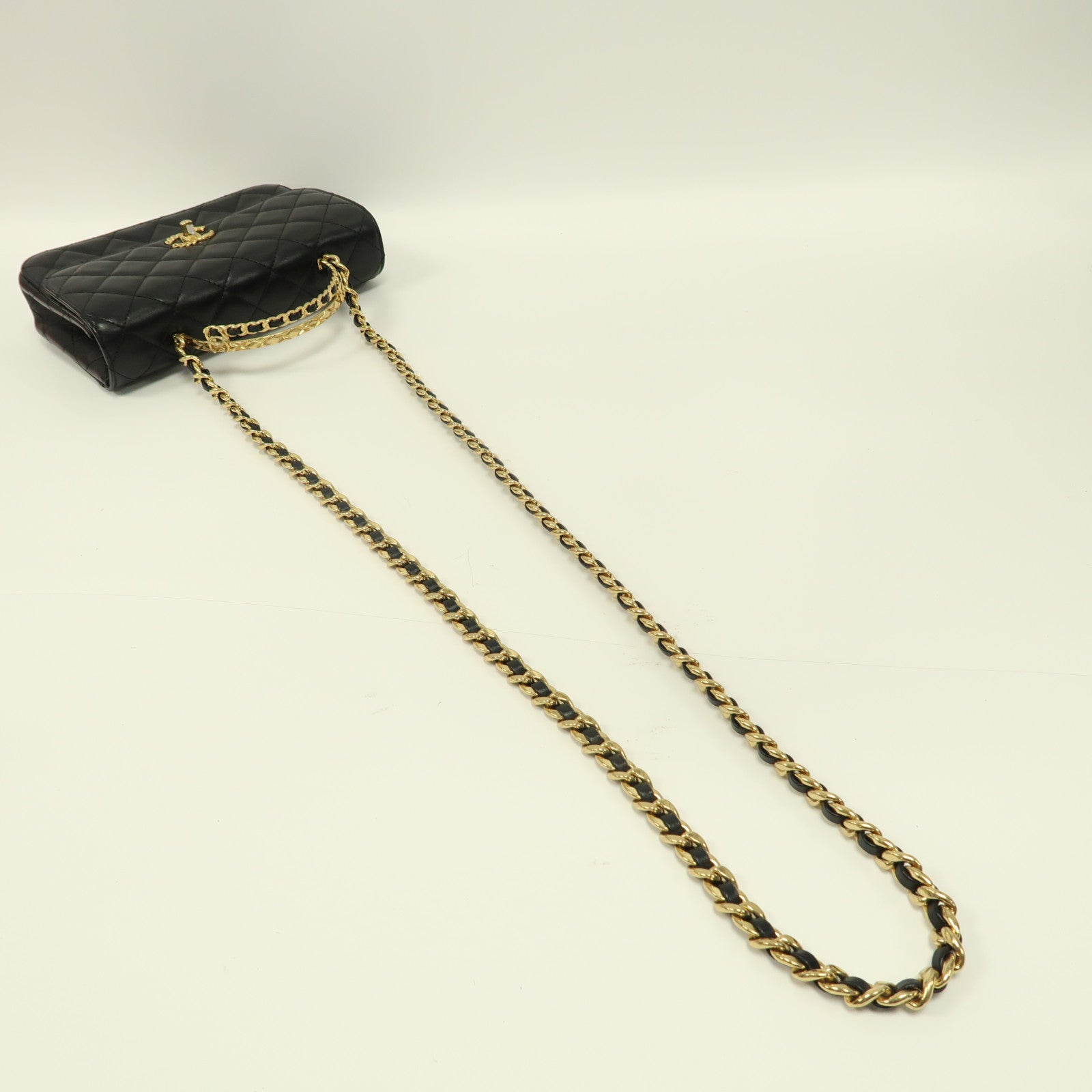 CHANEL 菱格羊皮皮革Chain Shoulder Bag金扣鏈帶手挽肩背兩用袋黑色