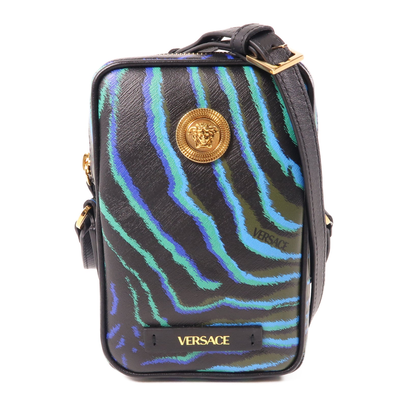 VERSACE 牛皮皮革Phone Case金扣肩背袋黑色/綠色