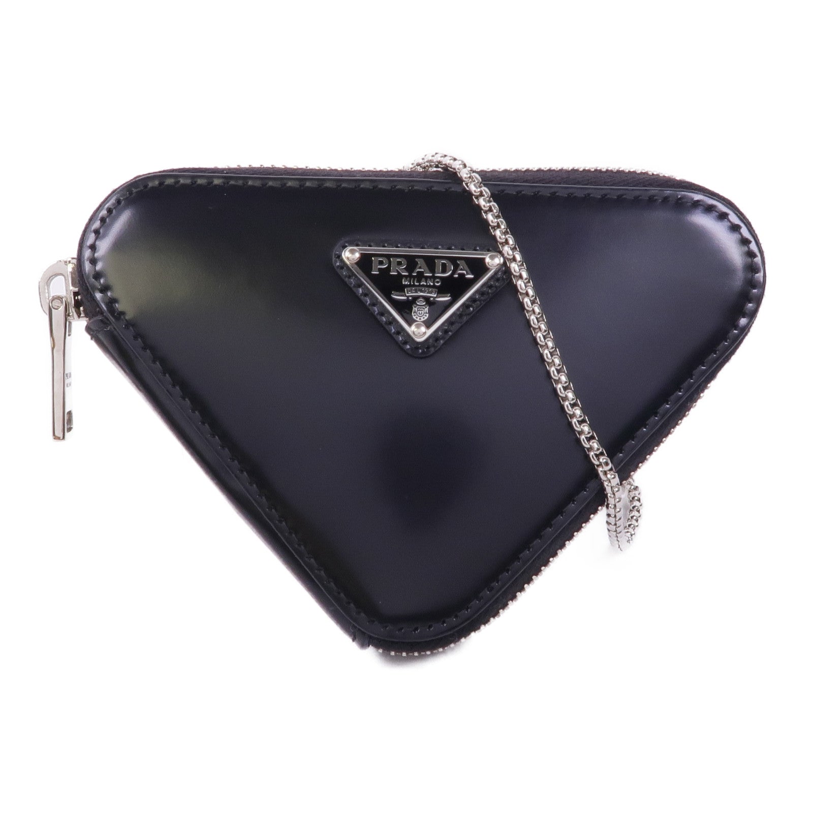 PRADA 【激減優惠】牛皮皮革Triangle Mini Pouch銀扣鏈帶肩背袋