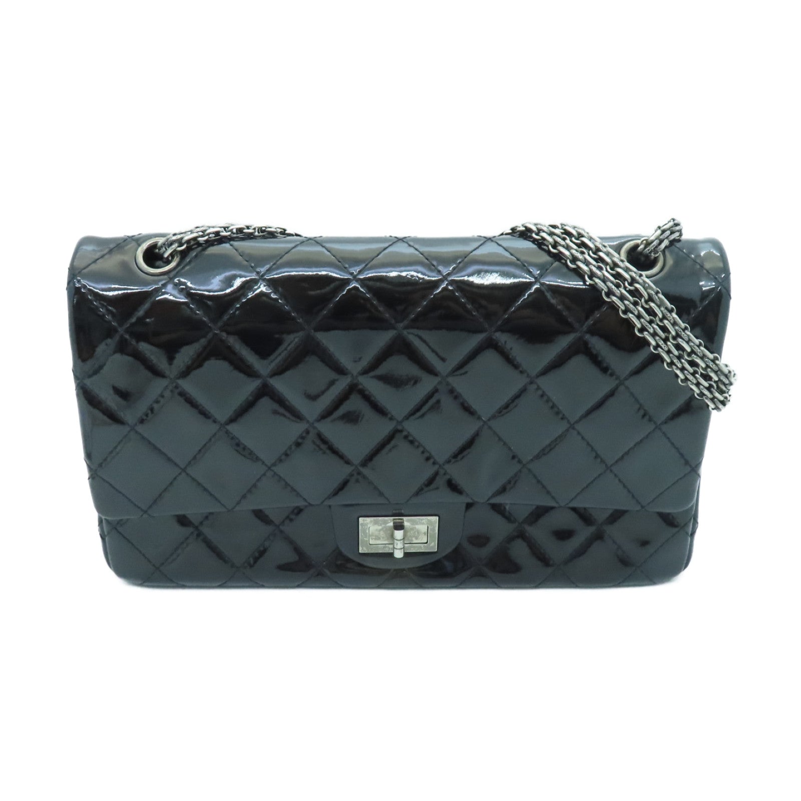 CHANEL Diamond Patent Leather 2.55 Classic Jumbo Silver Buckle Chain Shoulder Bag Black