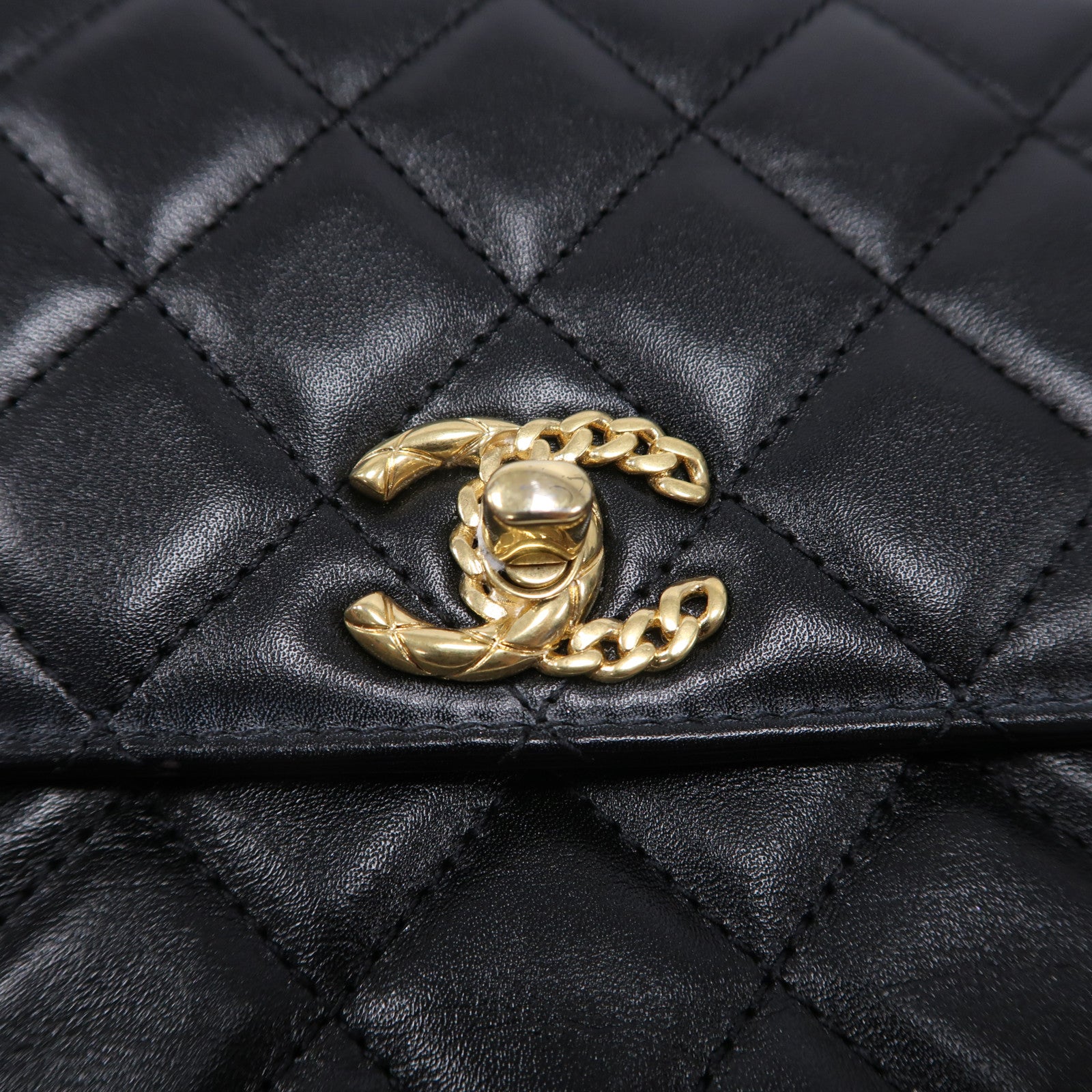 CHANEL 菱格羊皮皮革Chain Shoulder Bag金扣鏈帶手挽肩背兩用袋黑色