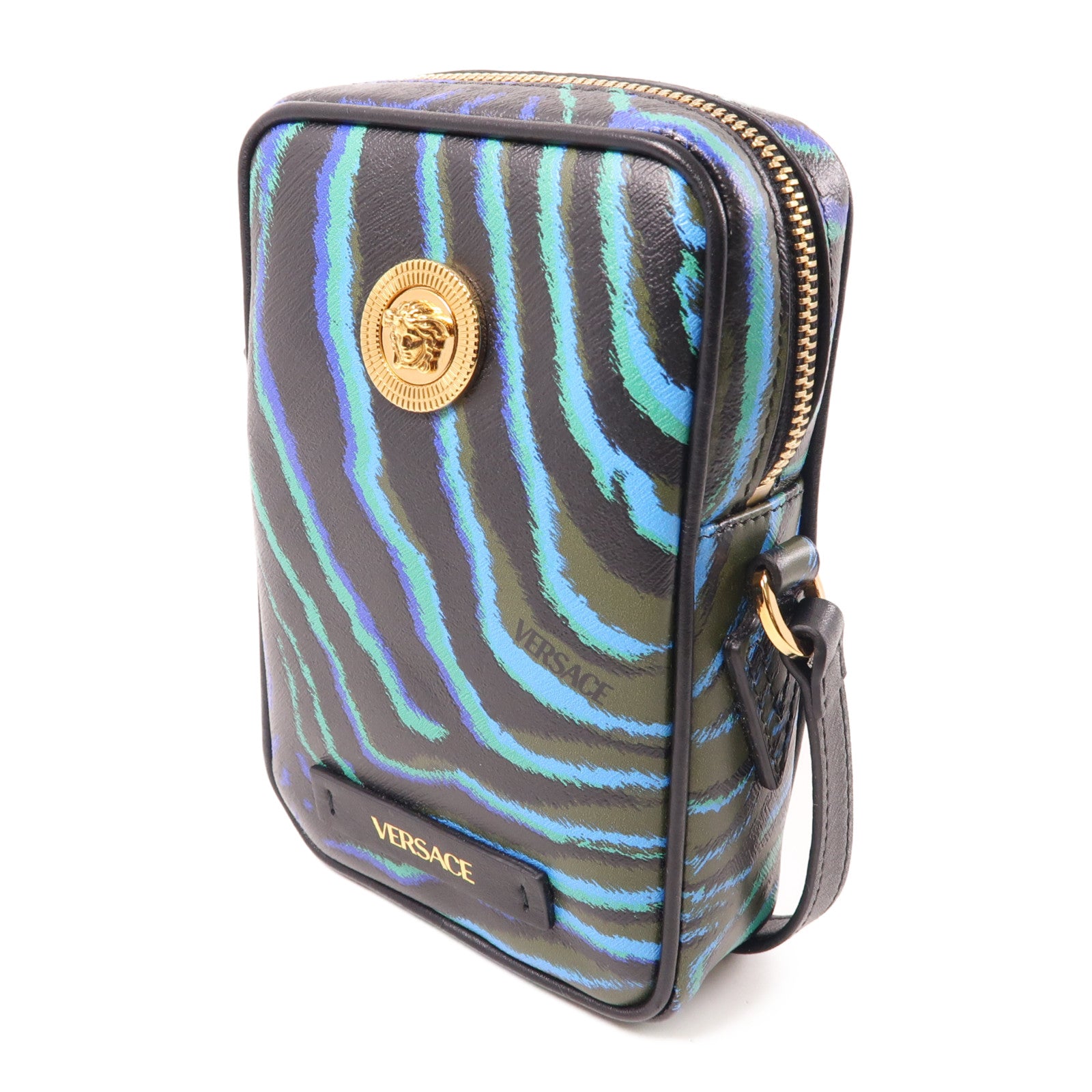 VERSACE 牛皮皮革Phone Case金扣肩背袋黑色/綠色