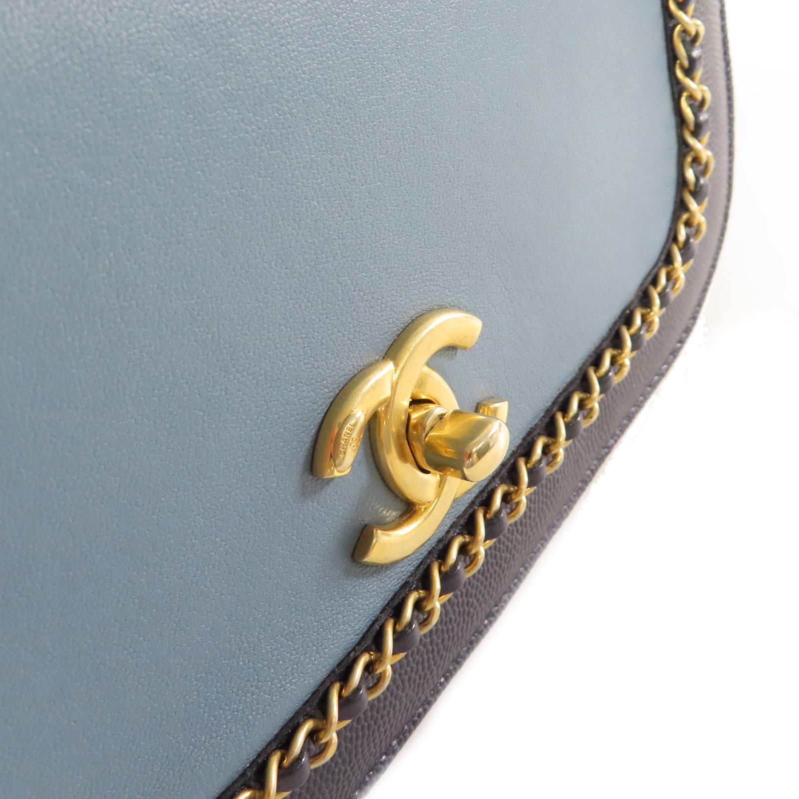 CHANEL 【激減優惠】牛皮皮革/Caviar皮革Chain Shoulder Bag金扣鏈帶肩背袋深藍色/淺藍色