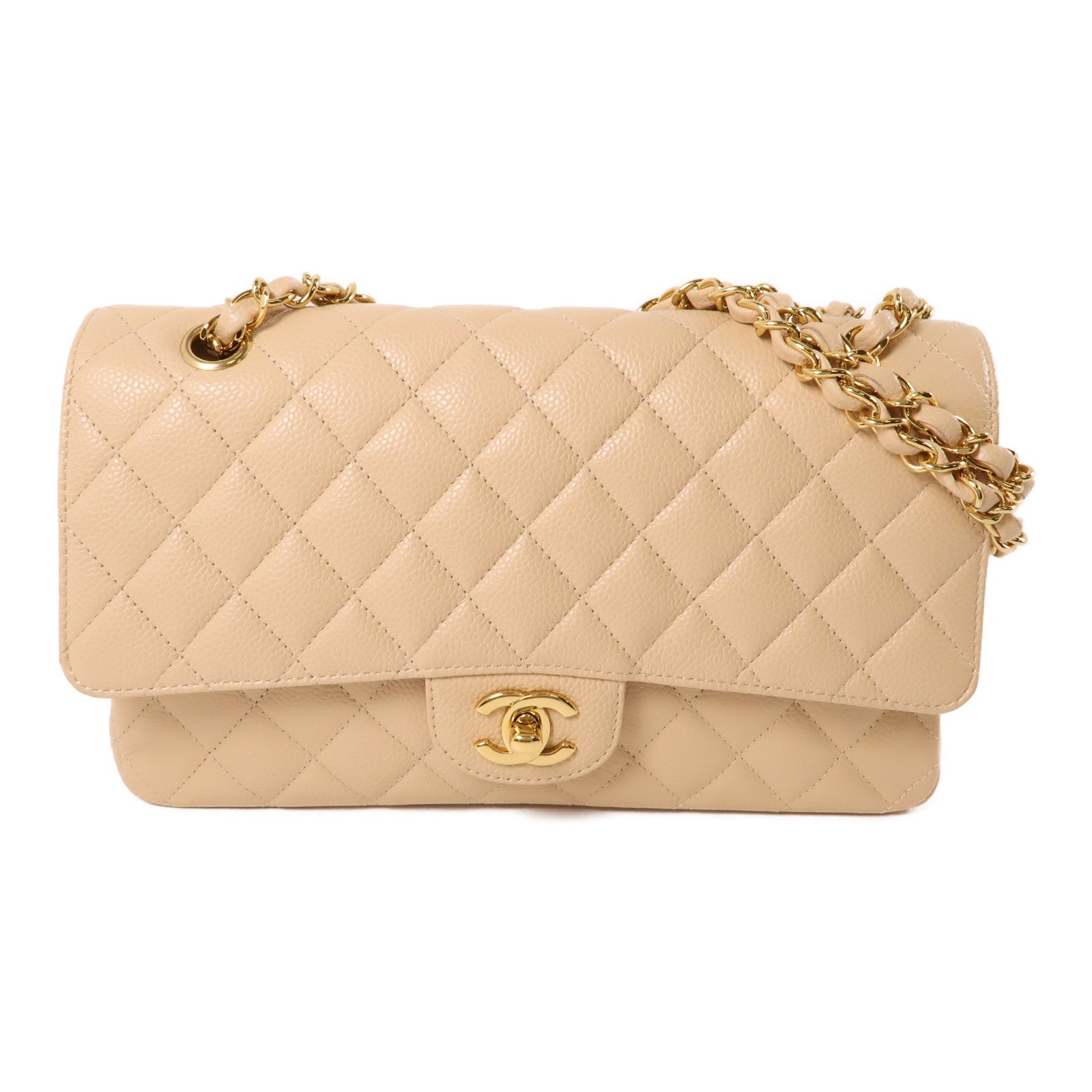CHANEL 牛皮皮革Classic 25金扣肩背袋米色
