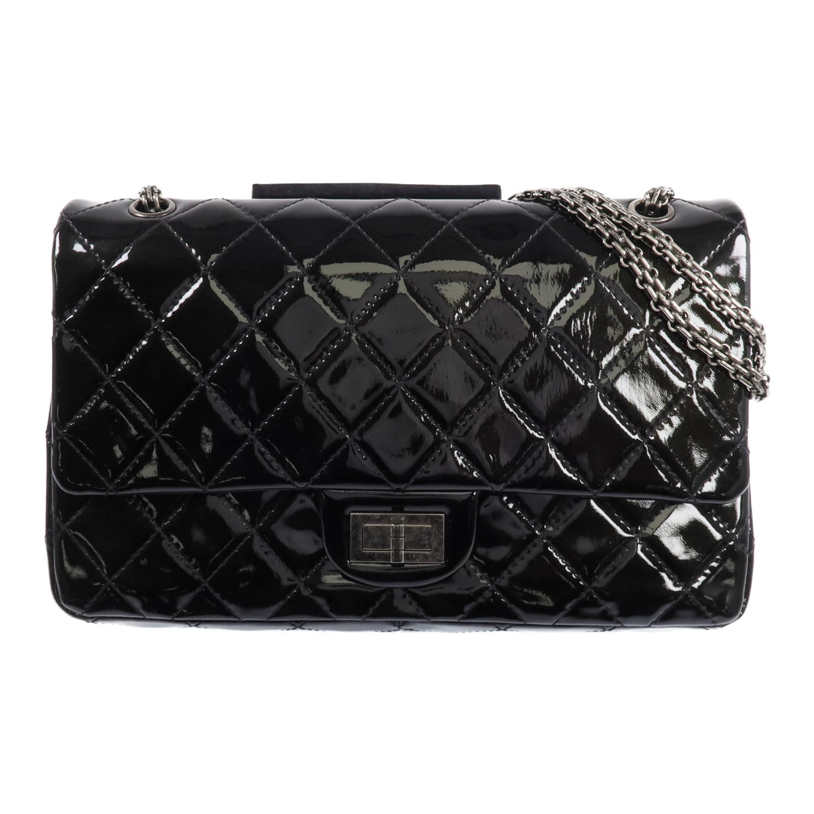 CHANEL 漆皮皮革2.55 Jumbo銀扣鏈帶肩背袋