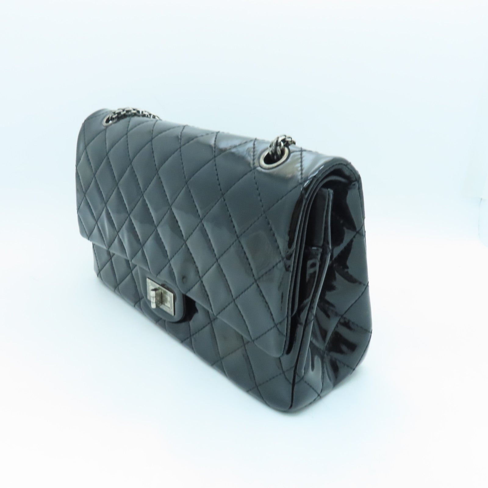 CHANEL Diamond Patent Leather 2.55 Classic Jumbo Silver Buckle Chain Shoulder Bag Black
