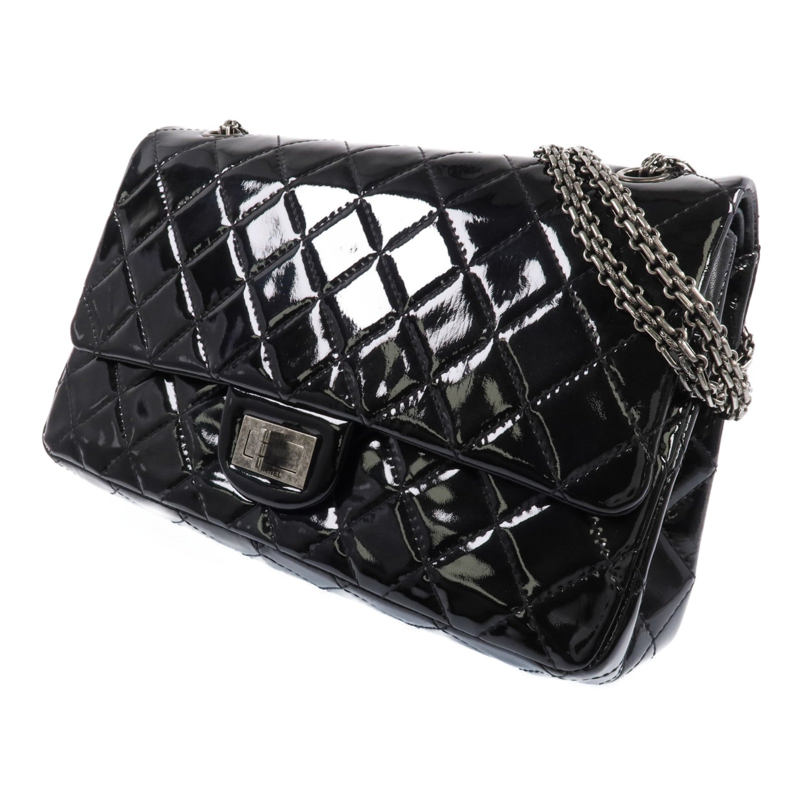 CHANEL 漆皮皮革2.55 Jumbo銀扣鏈帶肩背袋
