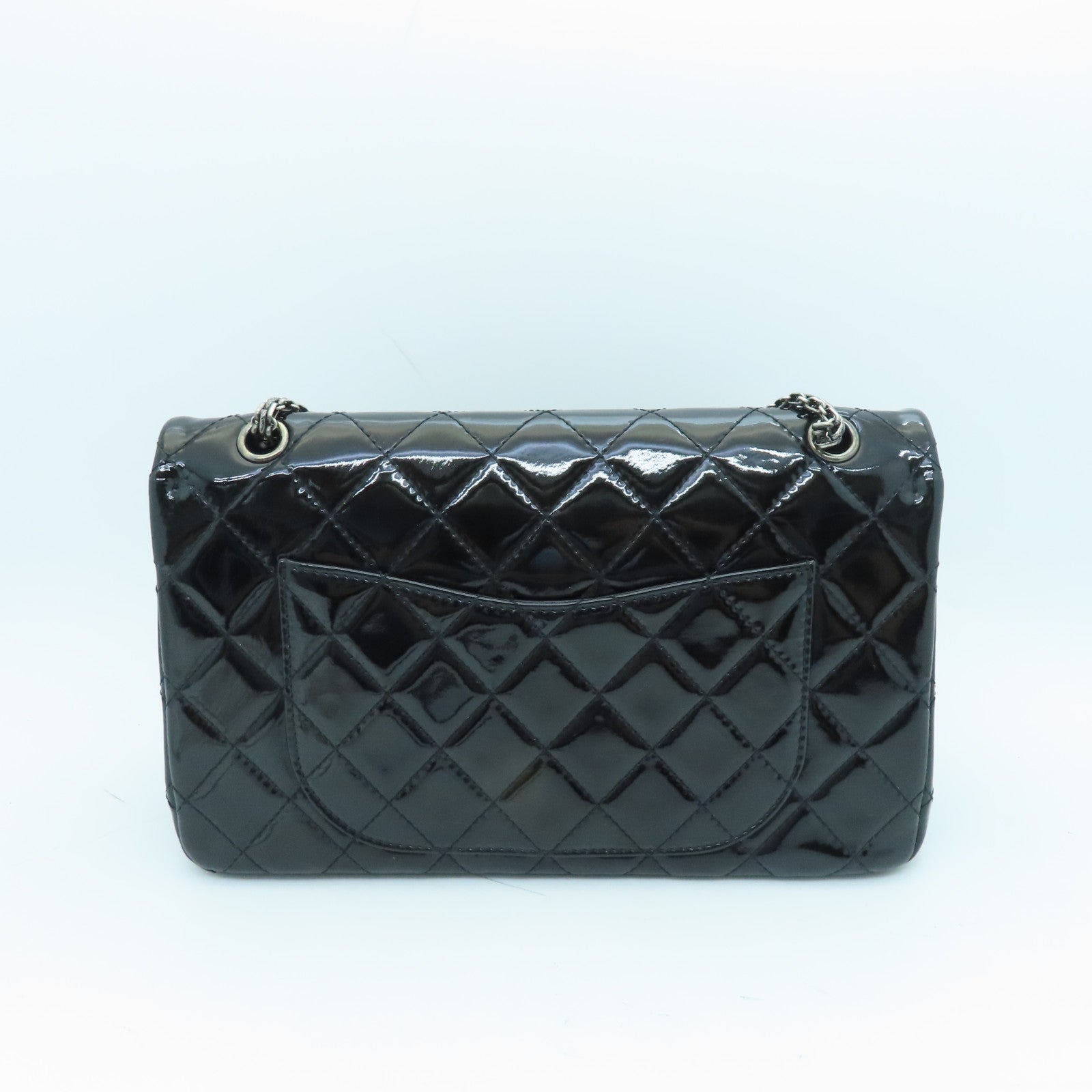 CHANEL Diamond Patent Leather 2.55 Classic Jumbo Silver Buckle Chain Shoulder Bag Black