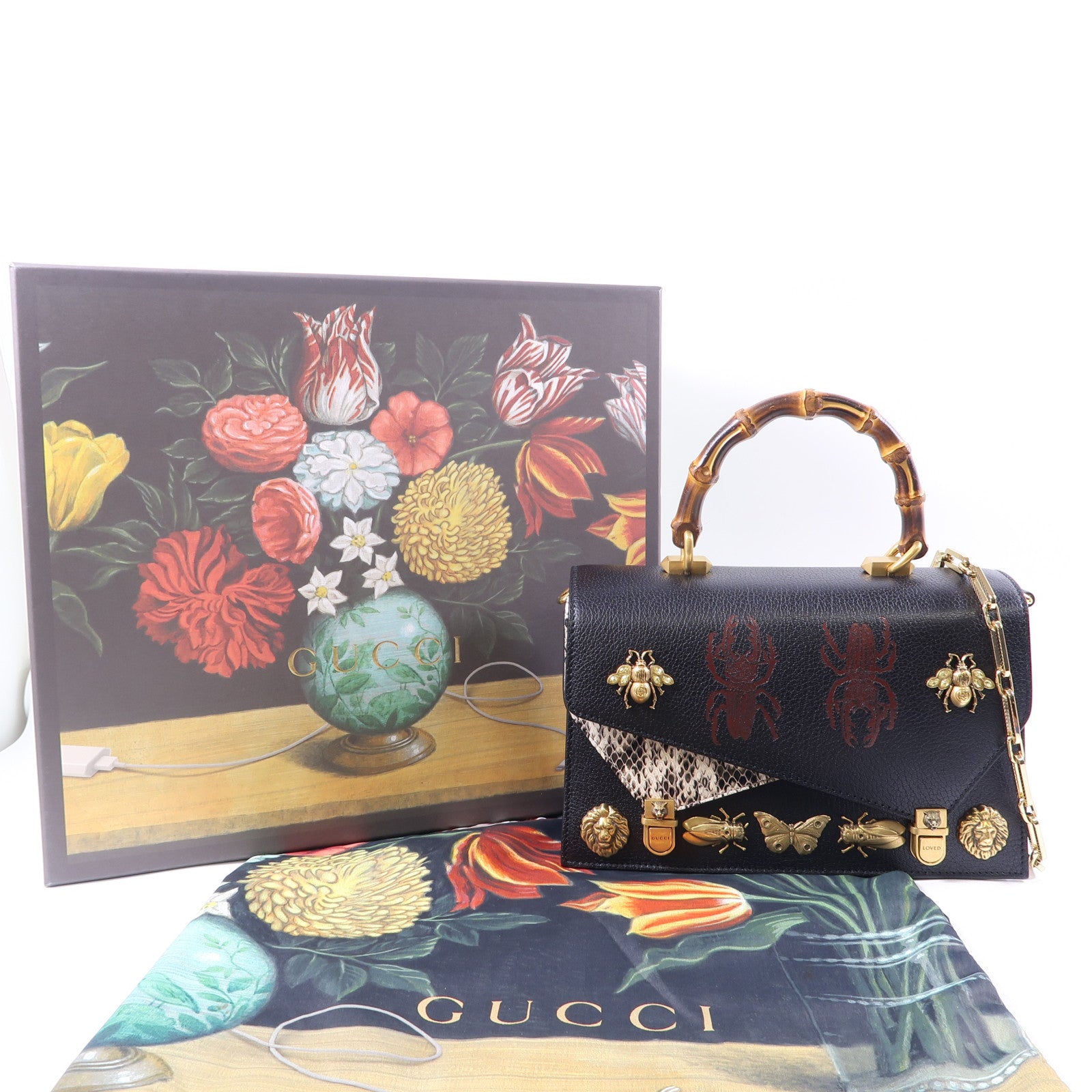 GUCCI 皮革/蛇皮皮革Ottilia金扣手挽肩背兩用袋黑色
