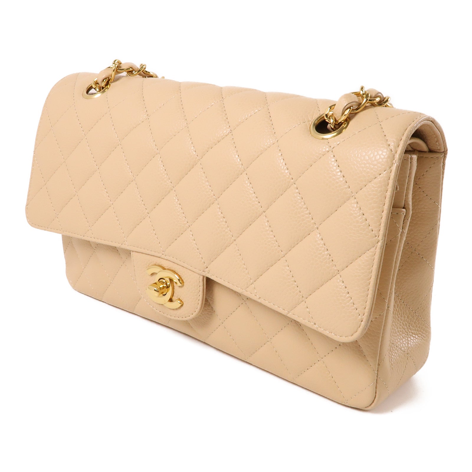 CHANEL 牛皮皮革Classic 25金扣肩背袋米色