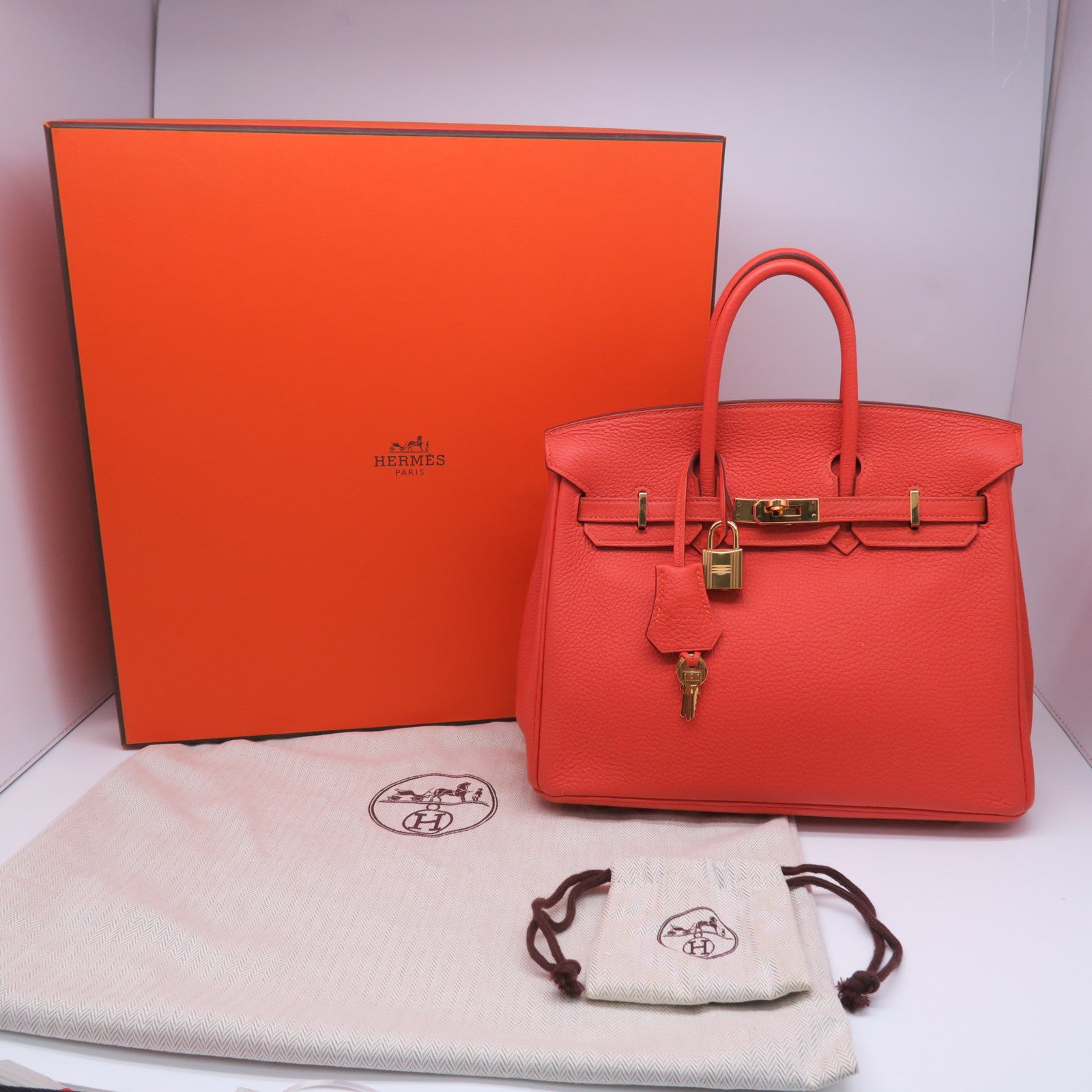 HERMES 【清倉大減價】Togo皮革Birkin 25金扣手挽袋火焰橘色
