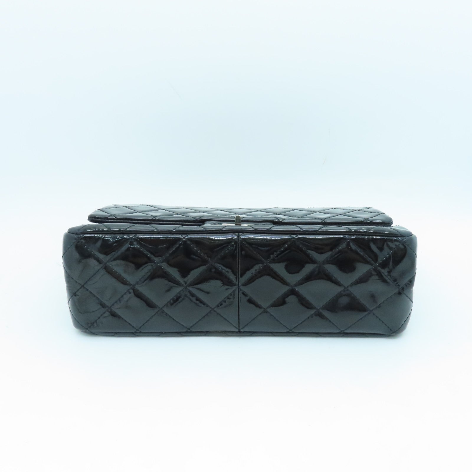 CHANEL Diamond Patent Leather 2.55 Classic Jumbo Silver Buckle Chain Shoulder Bag Black