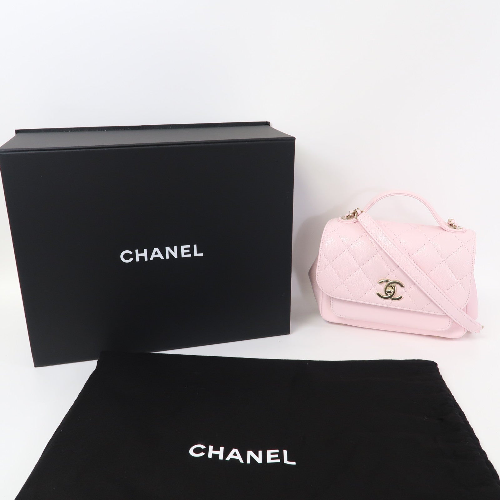 CHANEL 菱格Caviar皮革Business Affinity Chain Shoulder Bag金扣鏈帶手挽肩背兩用袋粉紅色