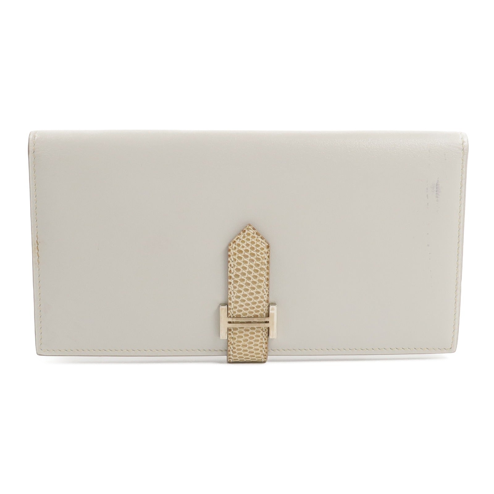 HERMES Tadelakt皮革/蜥蝪皮革Bearn Long Wallet長錢包Gris Perle