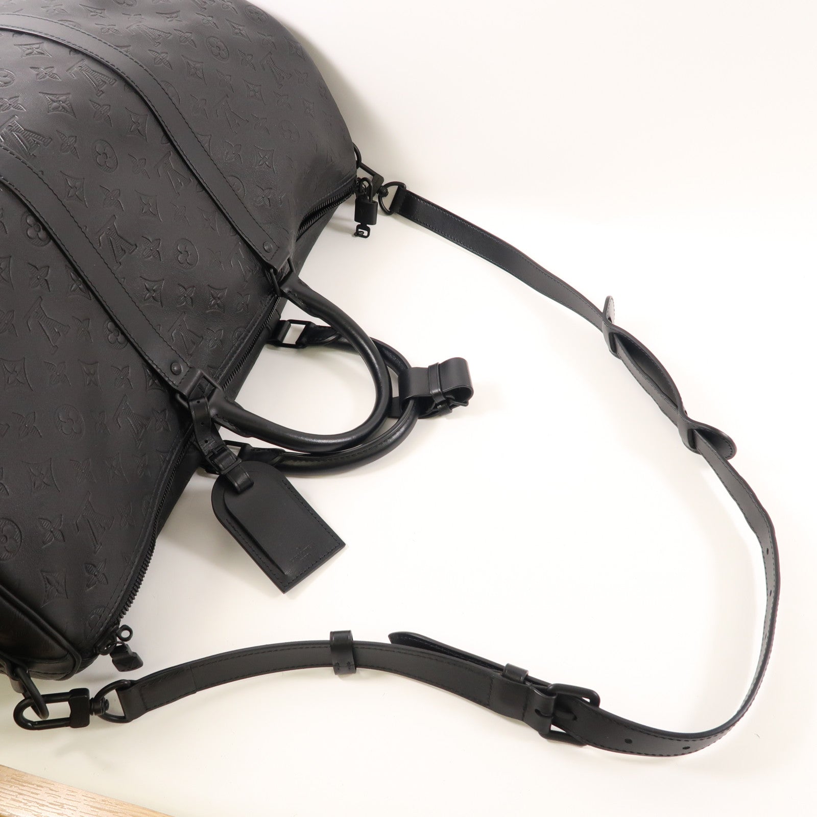 LOUIS VUITTON Monogram Shadow Keepall 50 Bandouliere手挽肩背兩用旅行袋黑色