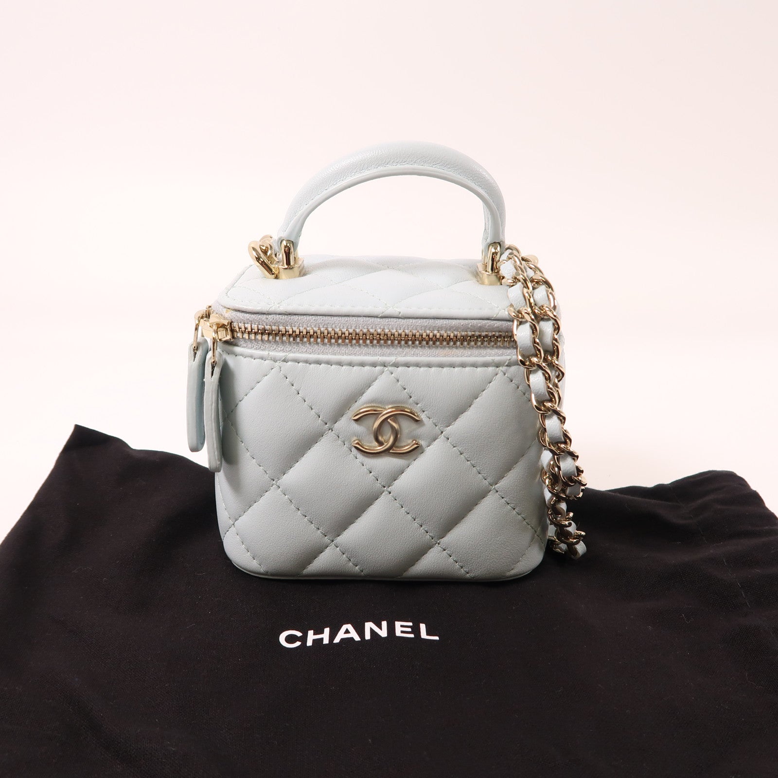 CHANEL 【激減優惠】菱格羊皮皮革Chain Shoulder金扣鏈帶手挽肩背兩用袋淺綠色