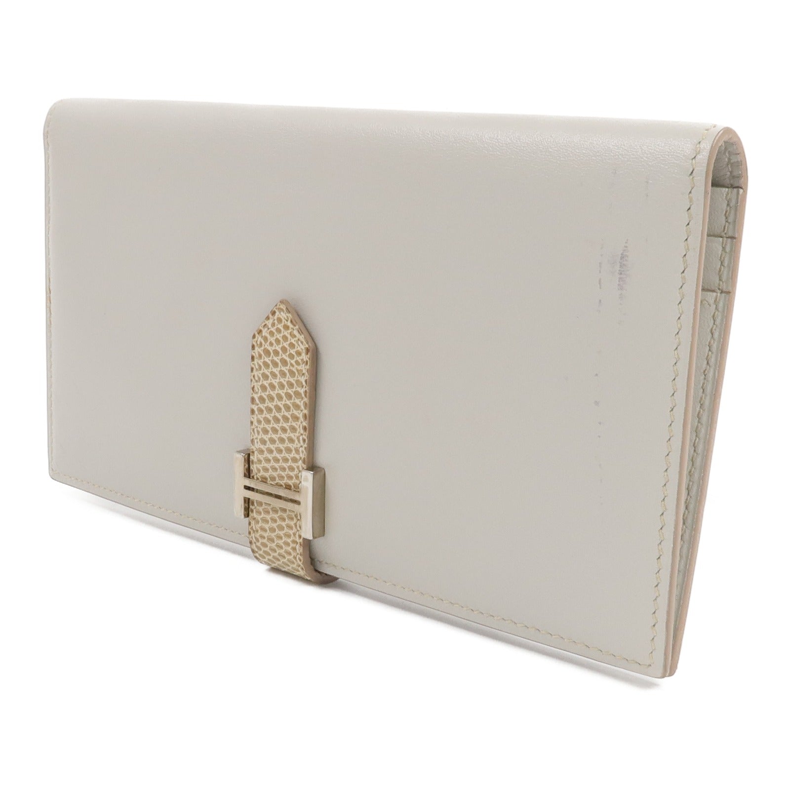HERMES Tadelakt皮革/蜥蝪皮革Bearn Long Wallet長錢包Gris Perle