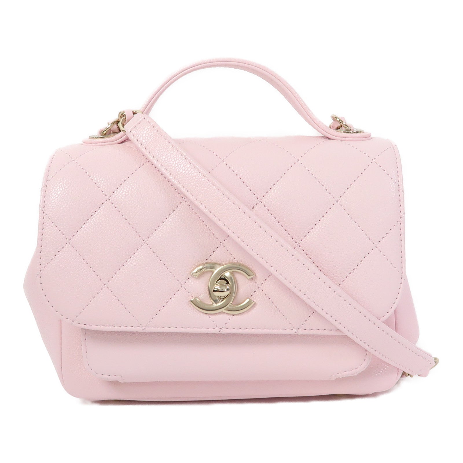 CHANEL 菱格Caviar皮革Business Affinity Chain Shoulder Bag金扣鏈帶手挽肩背兩用袋粉紅色