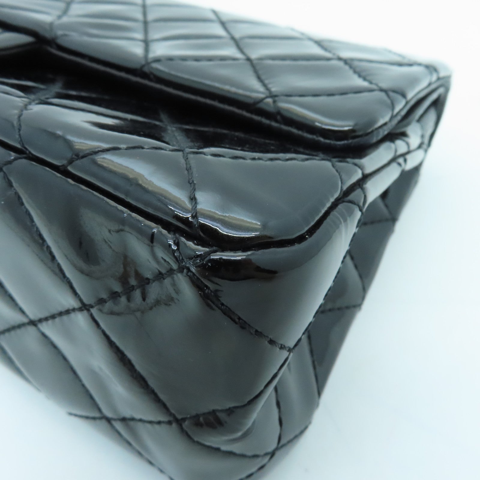 CHANEL Diamond Patent Leather 2.55 Classic Jumbo Silver Buckle Chain Shoulder Bag Black